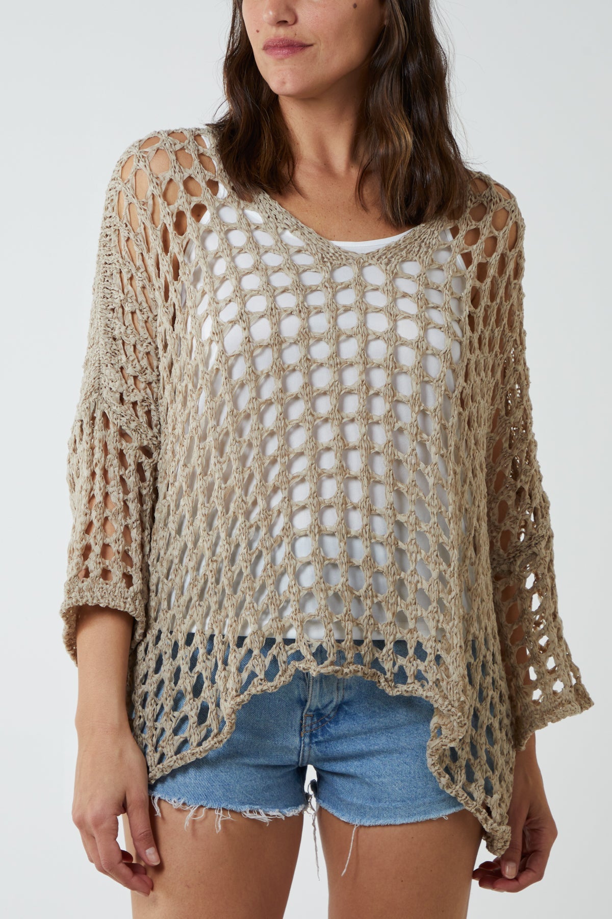 Crochet Round Neck Long Sleeve Top TOPMF2 WearAll Mocha One Size