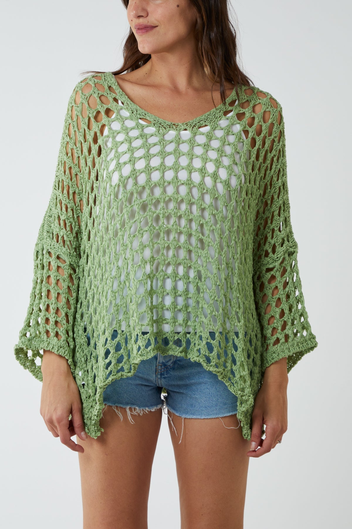 Crochet Round Neck Long Sleeve Top TOPMF2 WearAll Sage One Size