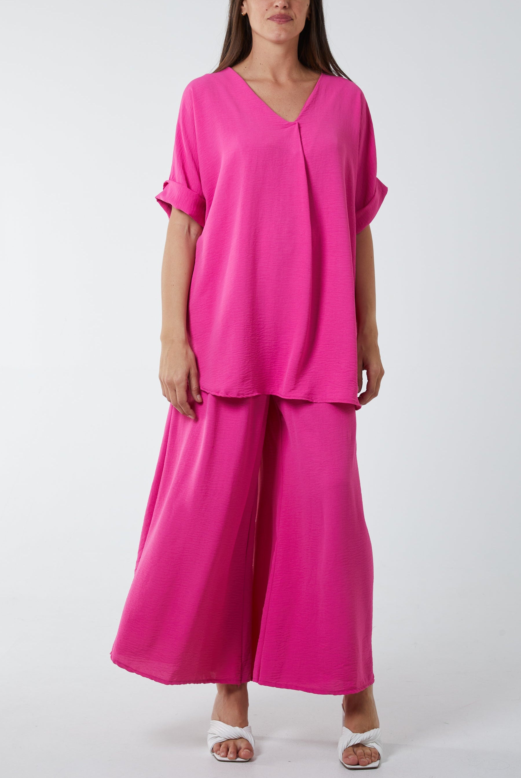 V-Neck Blouse Wide Leg Culottes Co-Ord Co-Ords WearAll Hot Pink One Size
