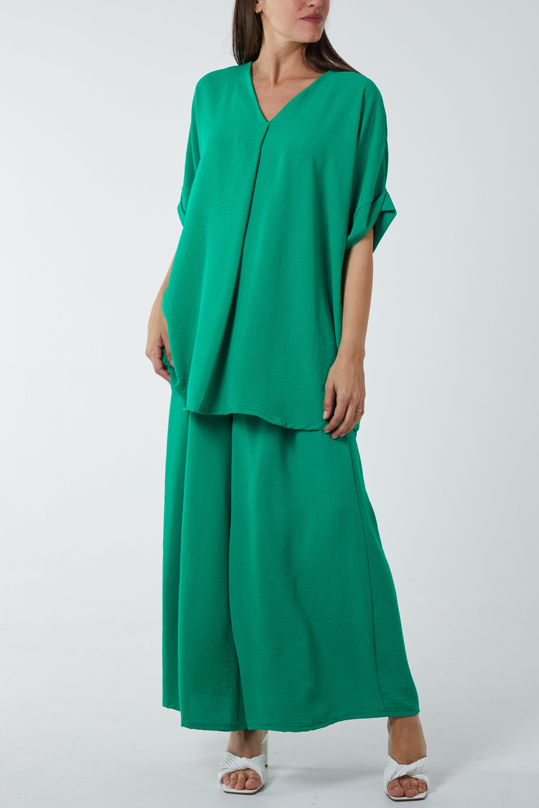 V-Neck Blouse Wide Leg Culottes Co-Ord Co-Ords WearAll Jade One Size