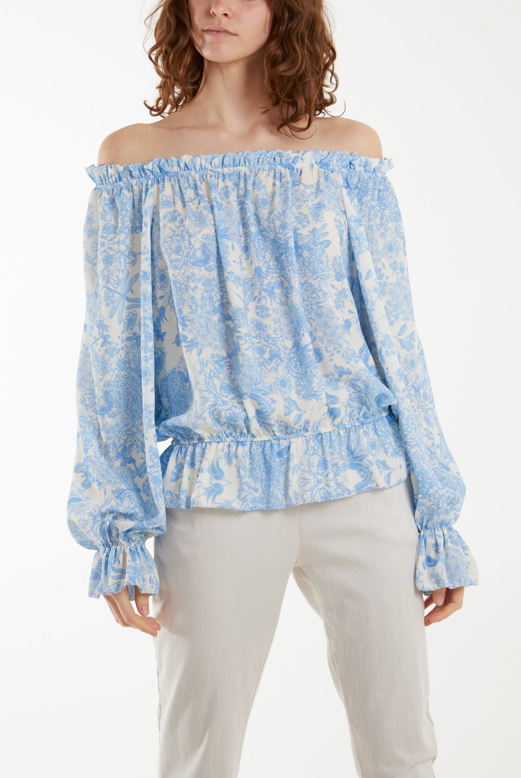 Floral Pattern Bardot Top Tops WearAll Light Blue One Size