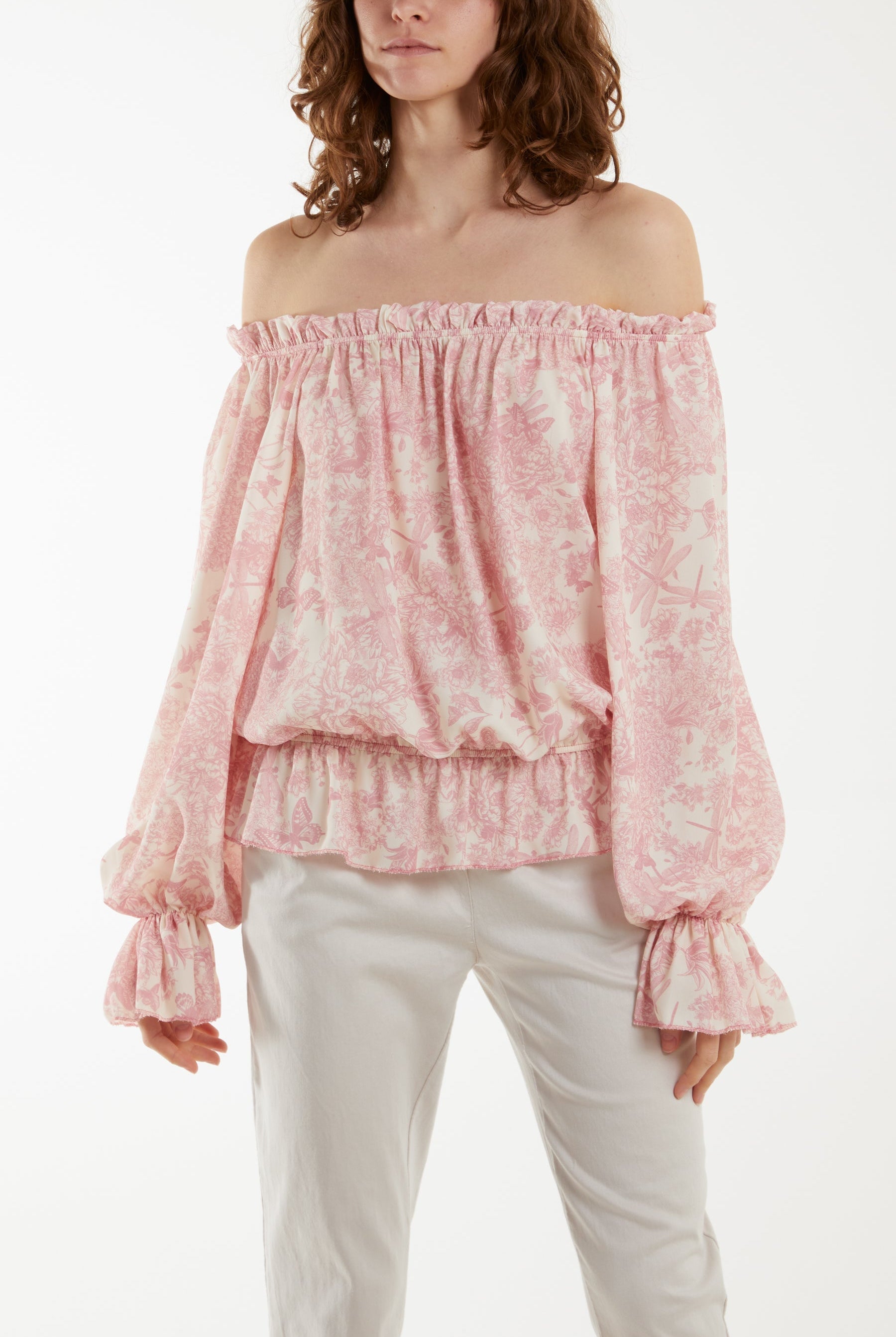 Floral Pattern Bardot Top Tops WearAll Blush One Size