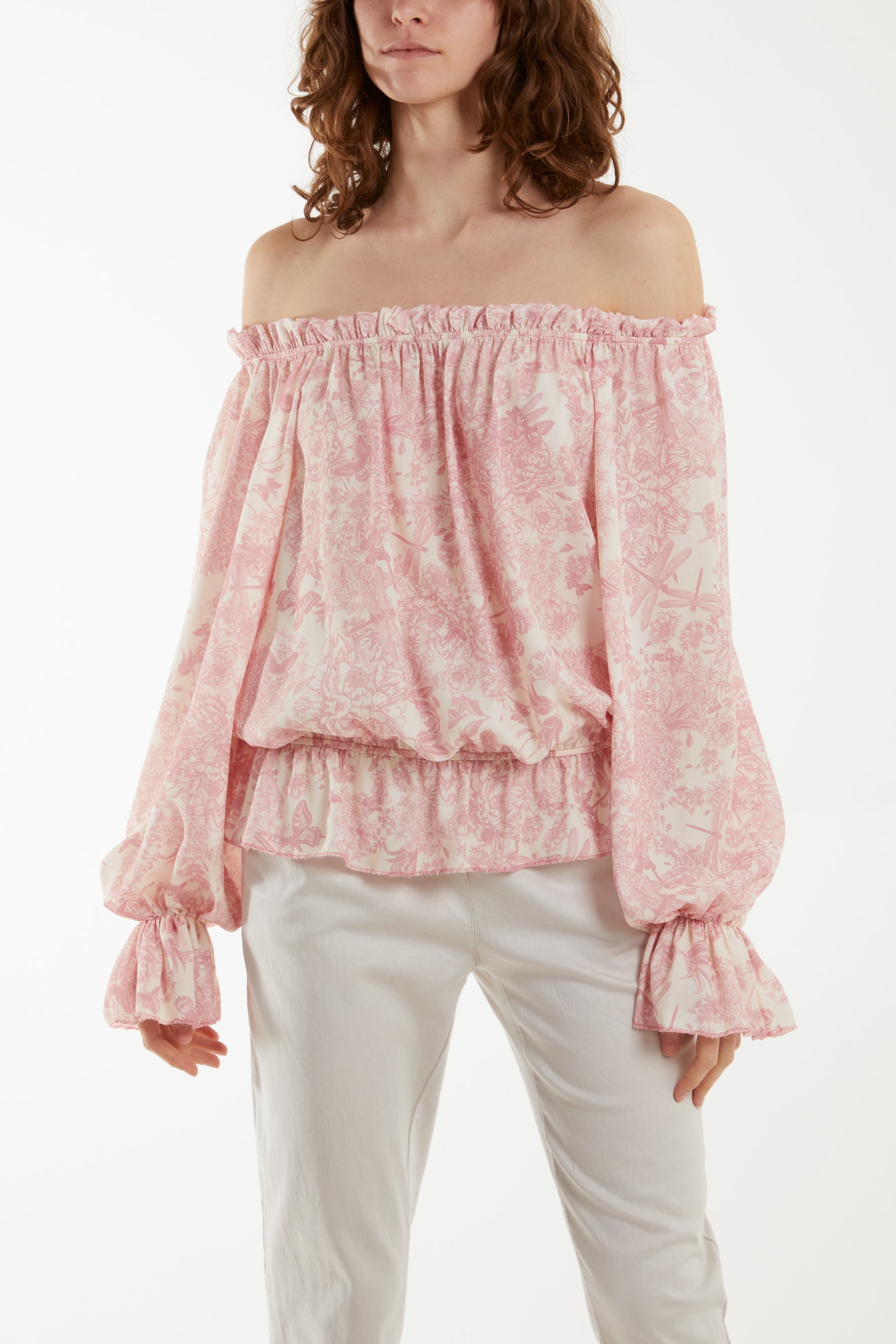 Floral Pattern Bardot Top Tops WearAll Blush One Size