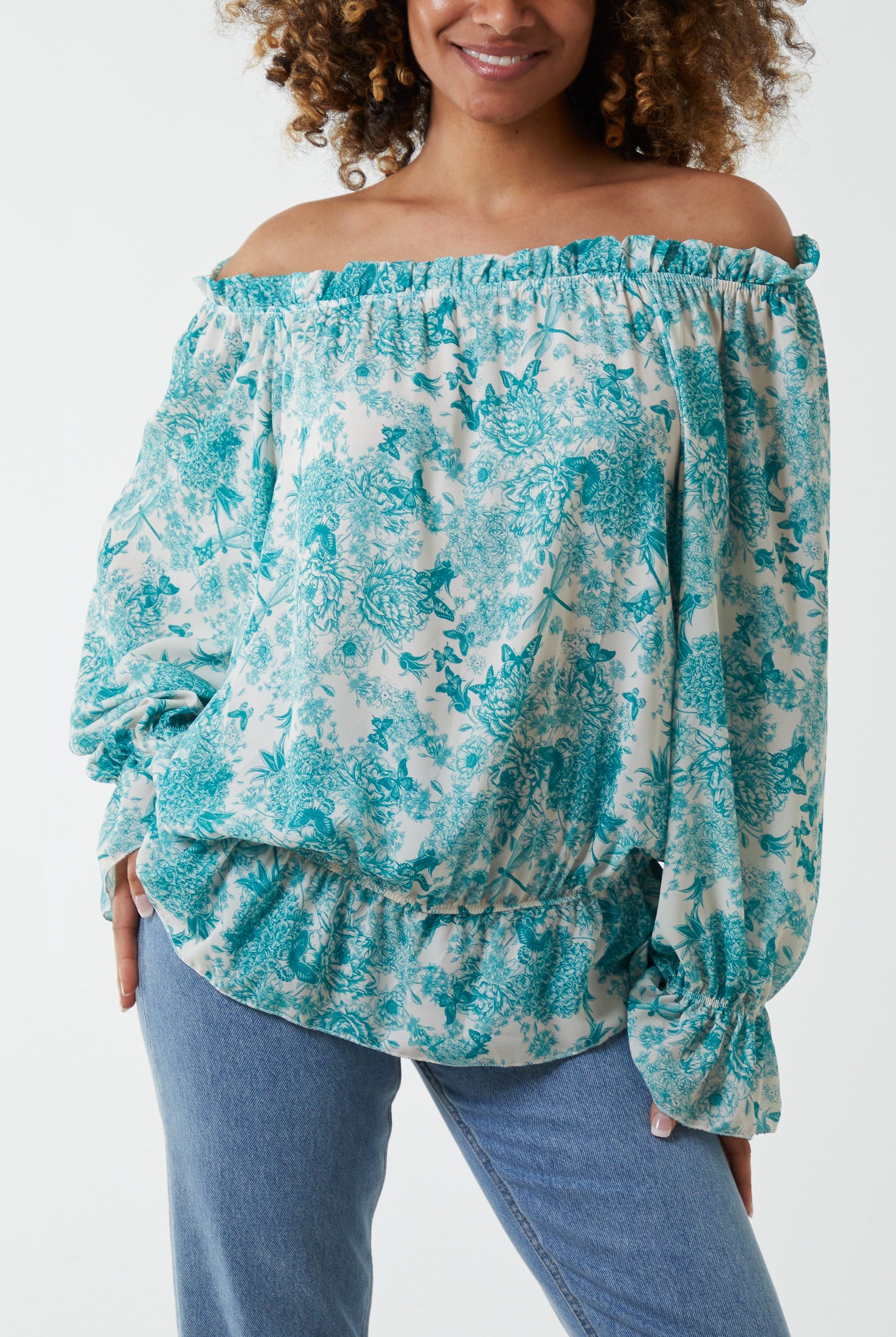 Floral Pattern Bardot Top Tops WearAll Turquoise One Size