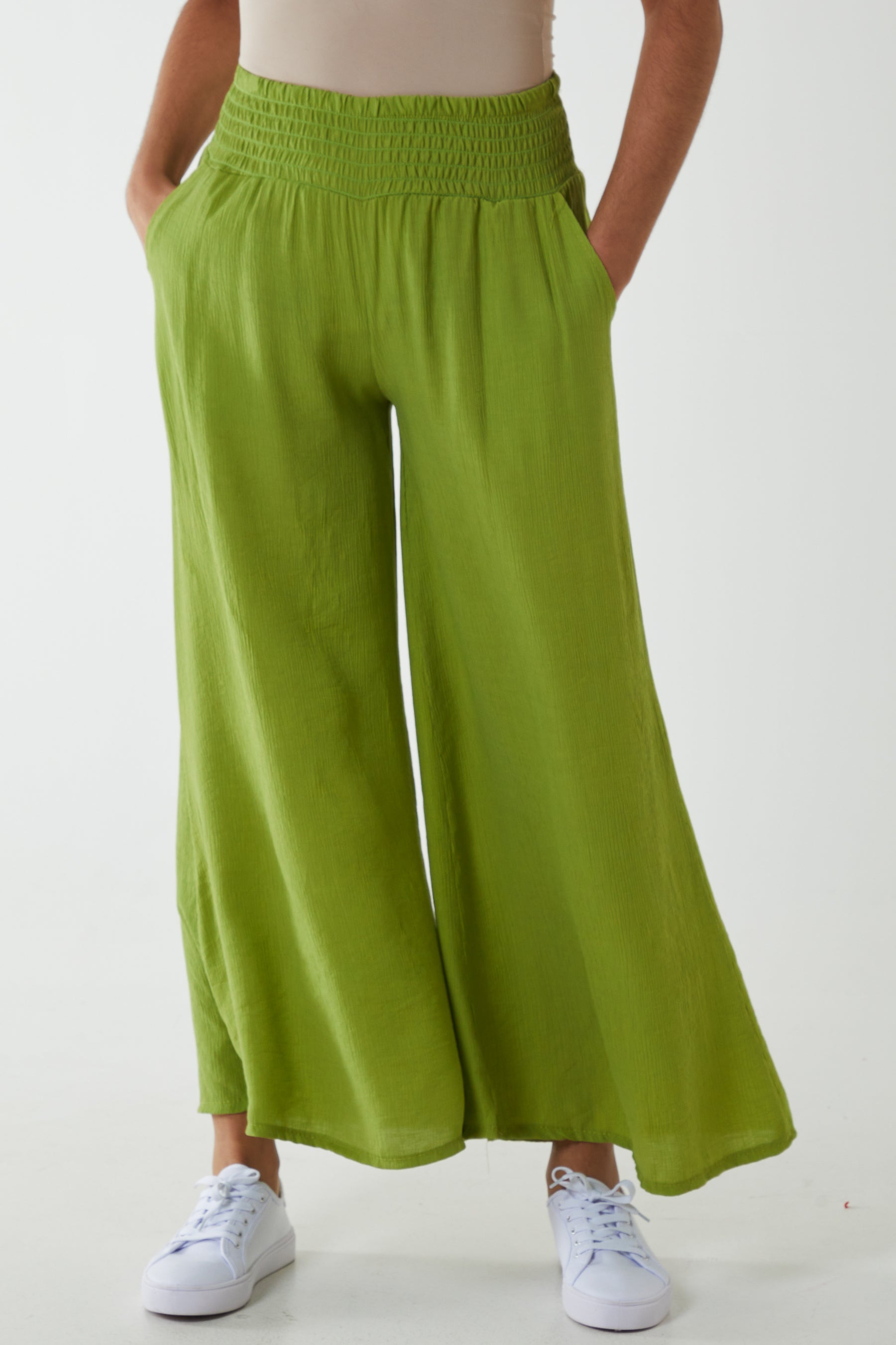 Crinkle Shirred Waist Trousers Trousers WearAll Lime One Size