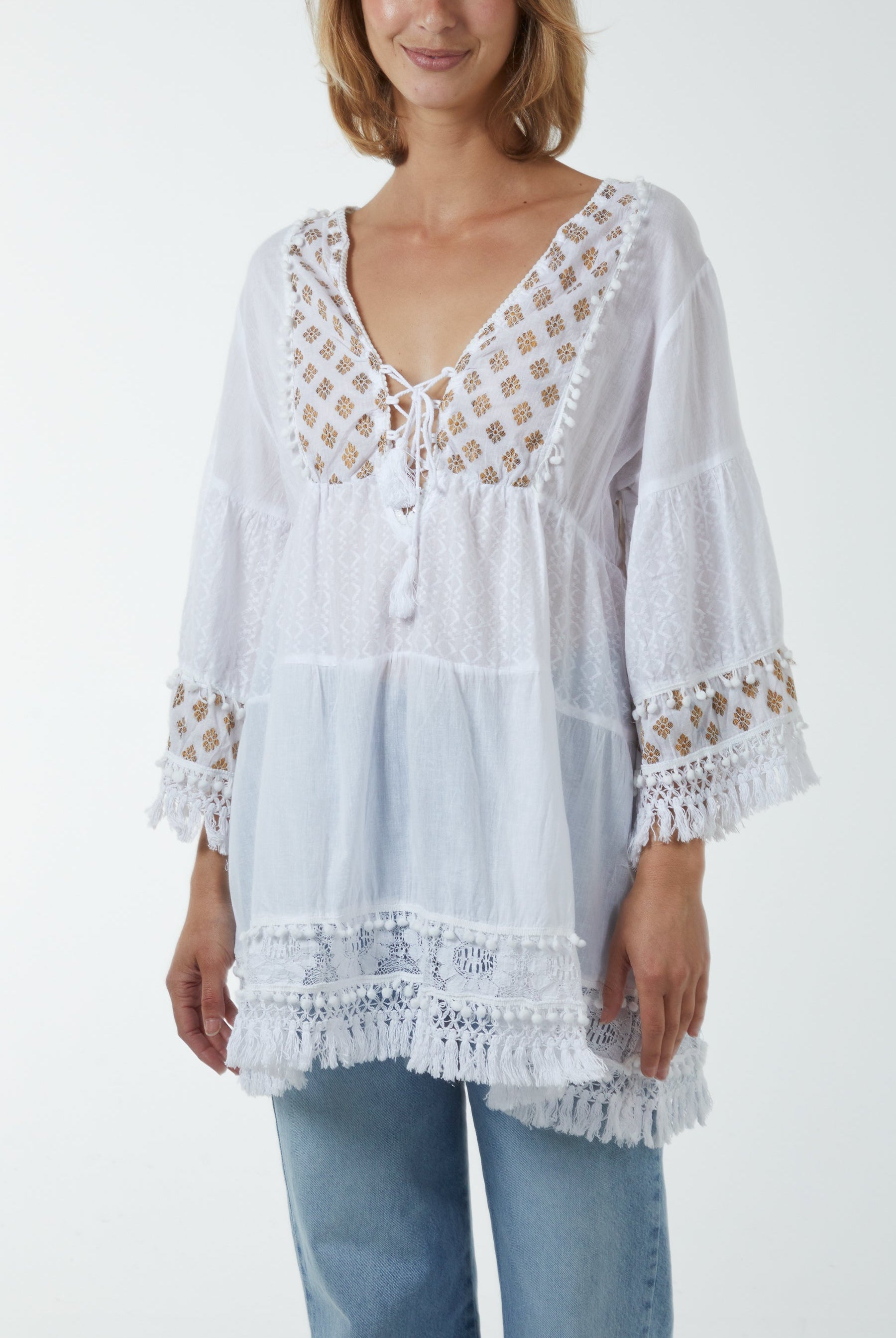 Gold Detailing Tassel Tiered Top Blouses WearAll Camel One Size