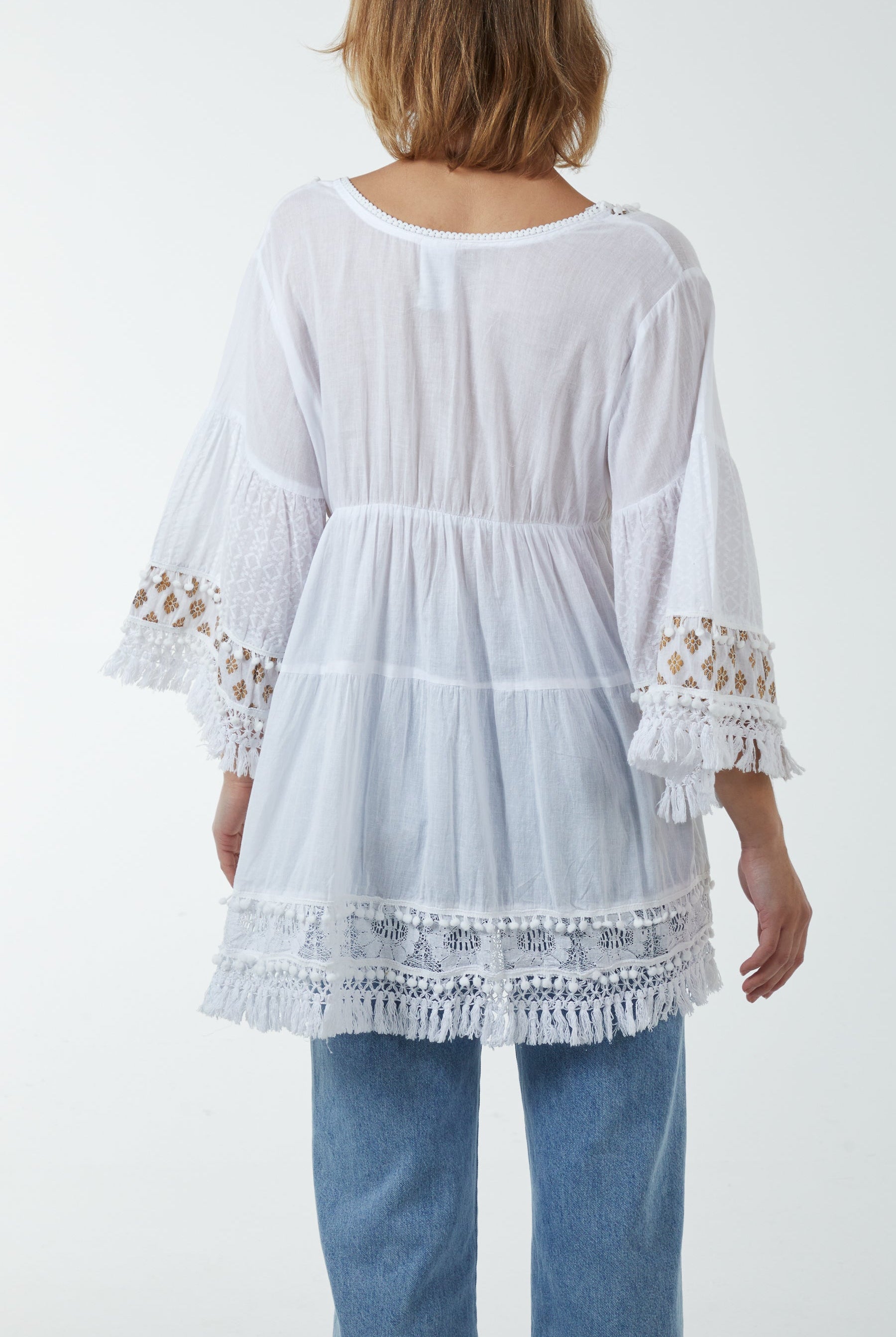 Gold Detailing Tassel Tiered Top Blouses WearAll