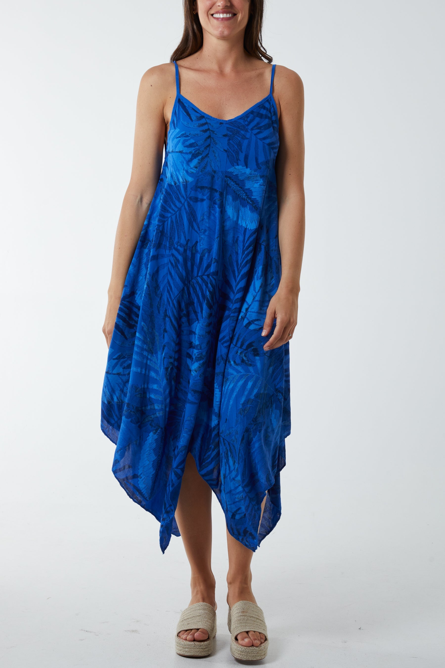 Palm Leaves Hanky Hem Dress DMF2 WearAll Royal Blue One Size