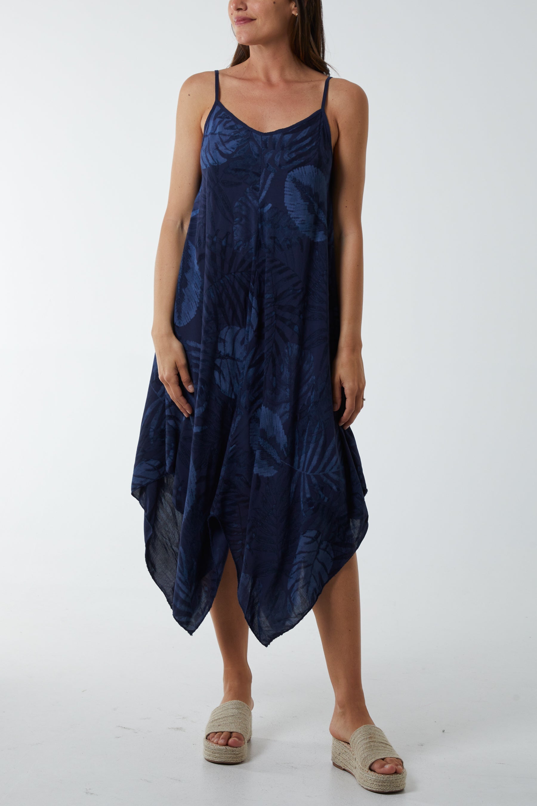 Palm Leaves Hanky Hem Dress DMF2 WearAll Navy One Size