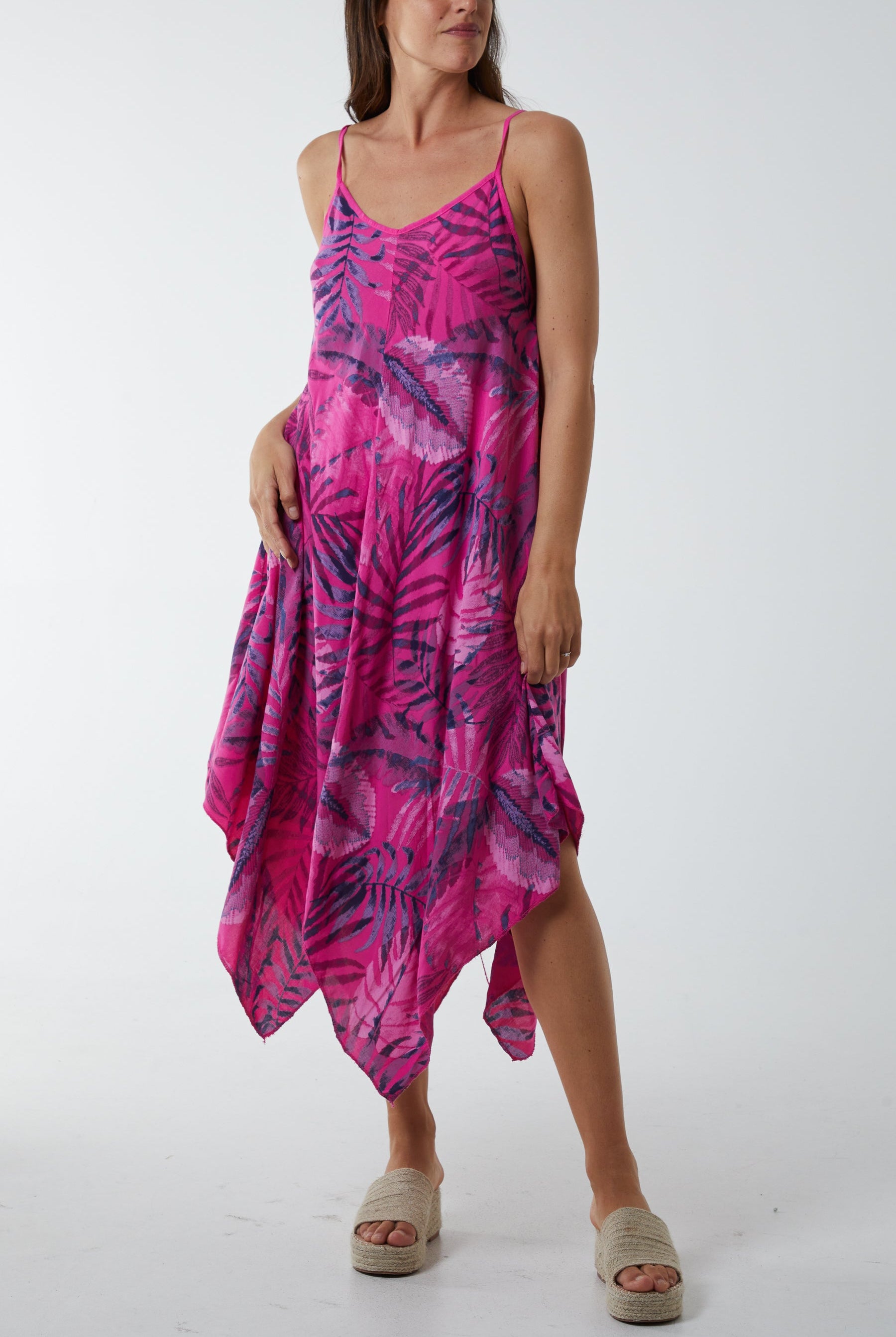 Palm Leaves Hanky Hem Dress DMF2 WearAll Fuchsia One Size