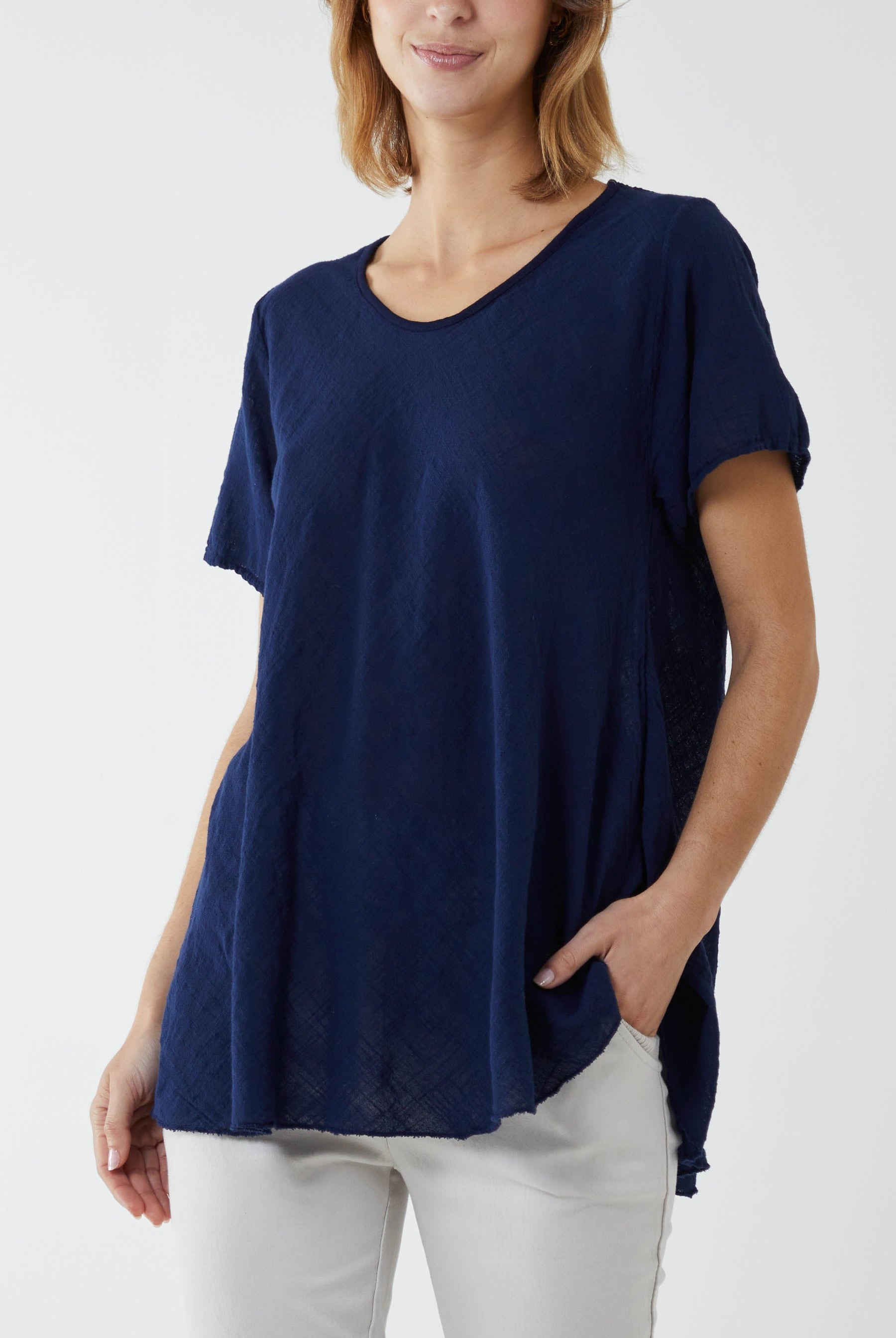 Round Neck Short Sleeve Cotton T-Shirt T-shirts WearAll Navy One Size
