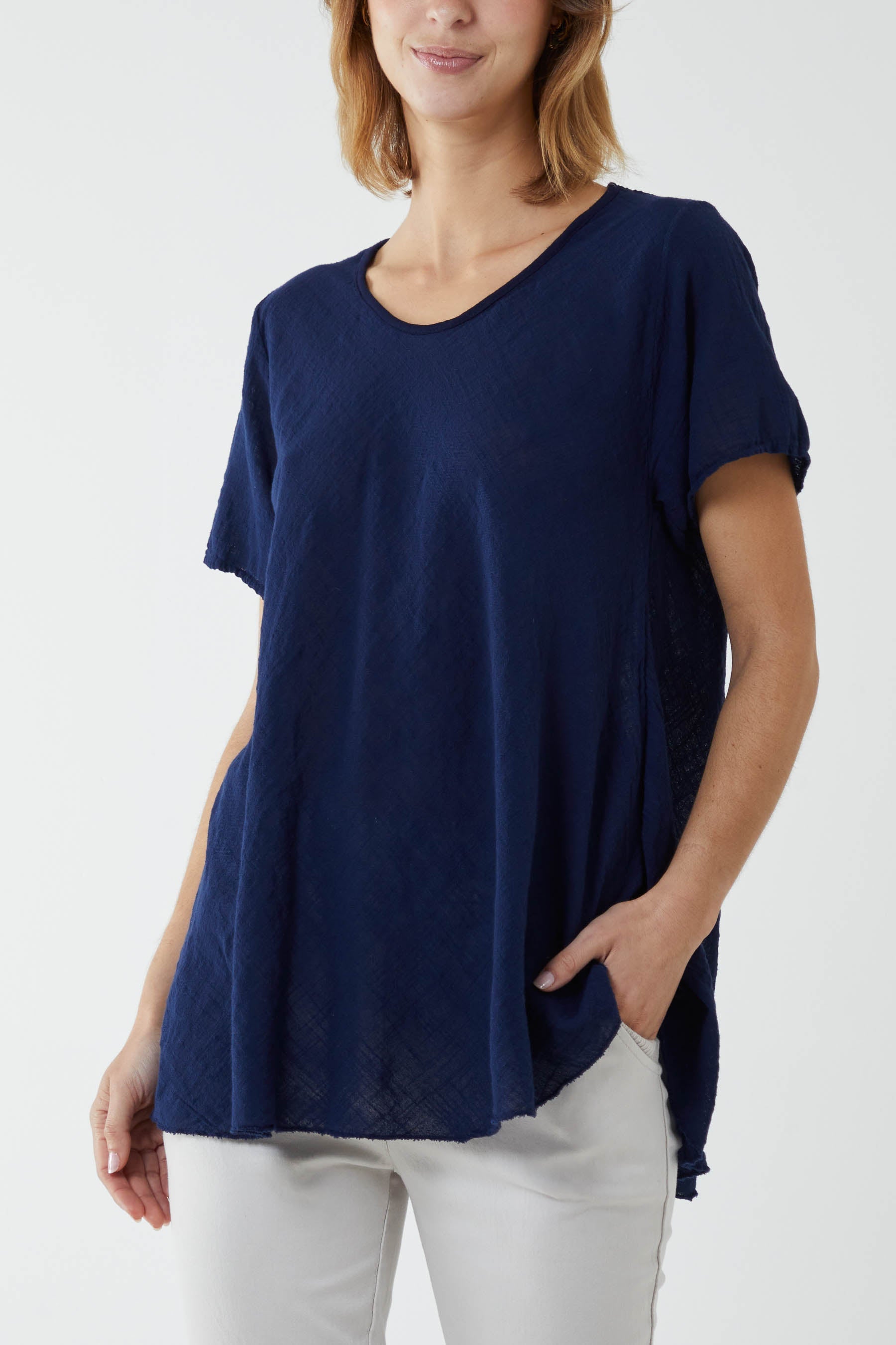 Round Neck Short Sleeve Cotton T-Shirt T-shirts WearAll Navy One Size