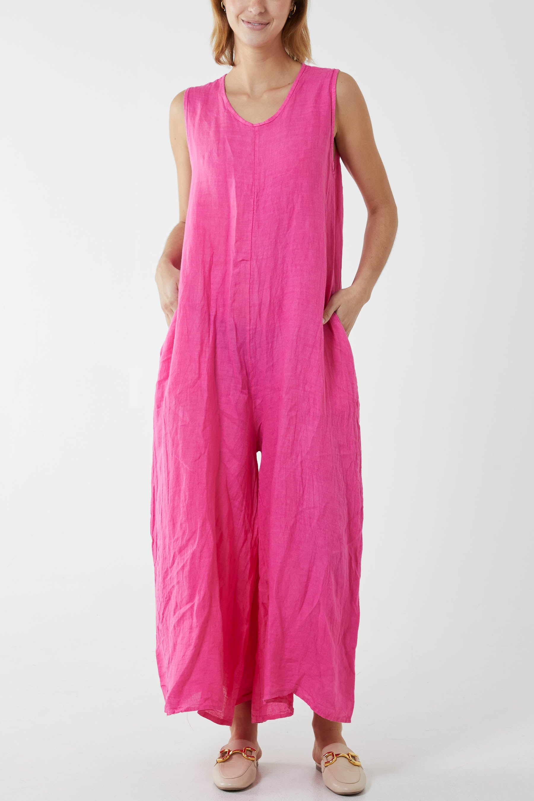 Linen Sleeveless Jumpsuit Jumpsuit WearAll Hot Pink One Size