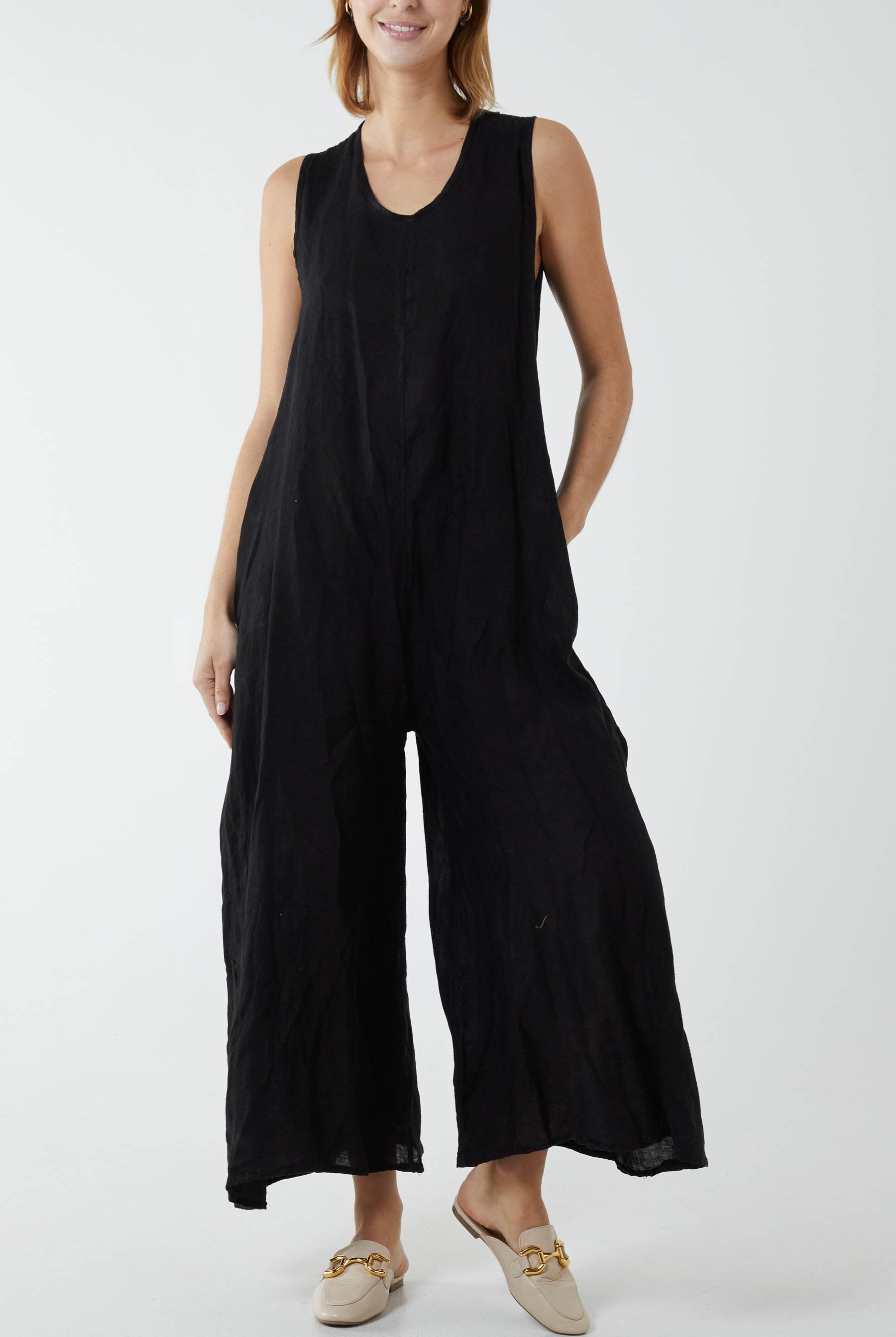 Linen Sleeveless Jumpsuit Jumpsuit WearAll Black One Size