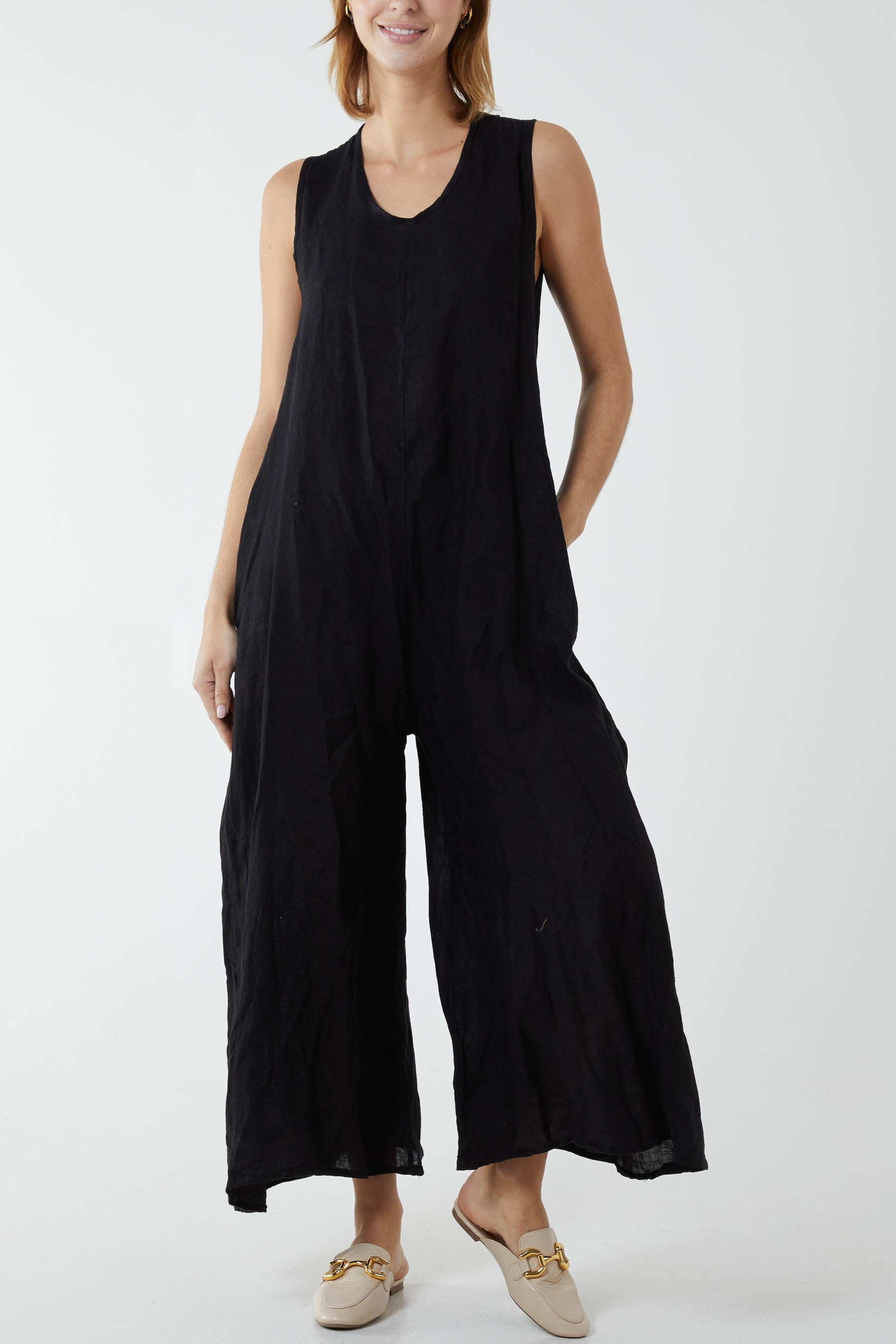 Linen Sleeveless Jumpsuit Jumpsuit WearAll Black One Size