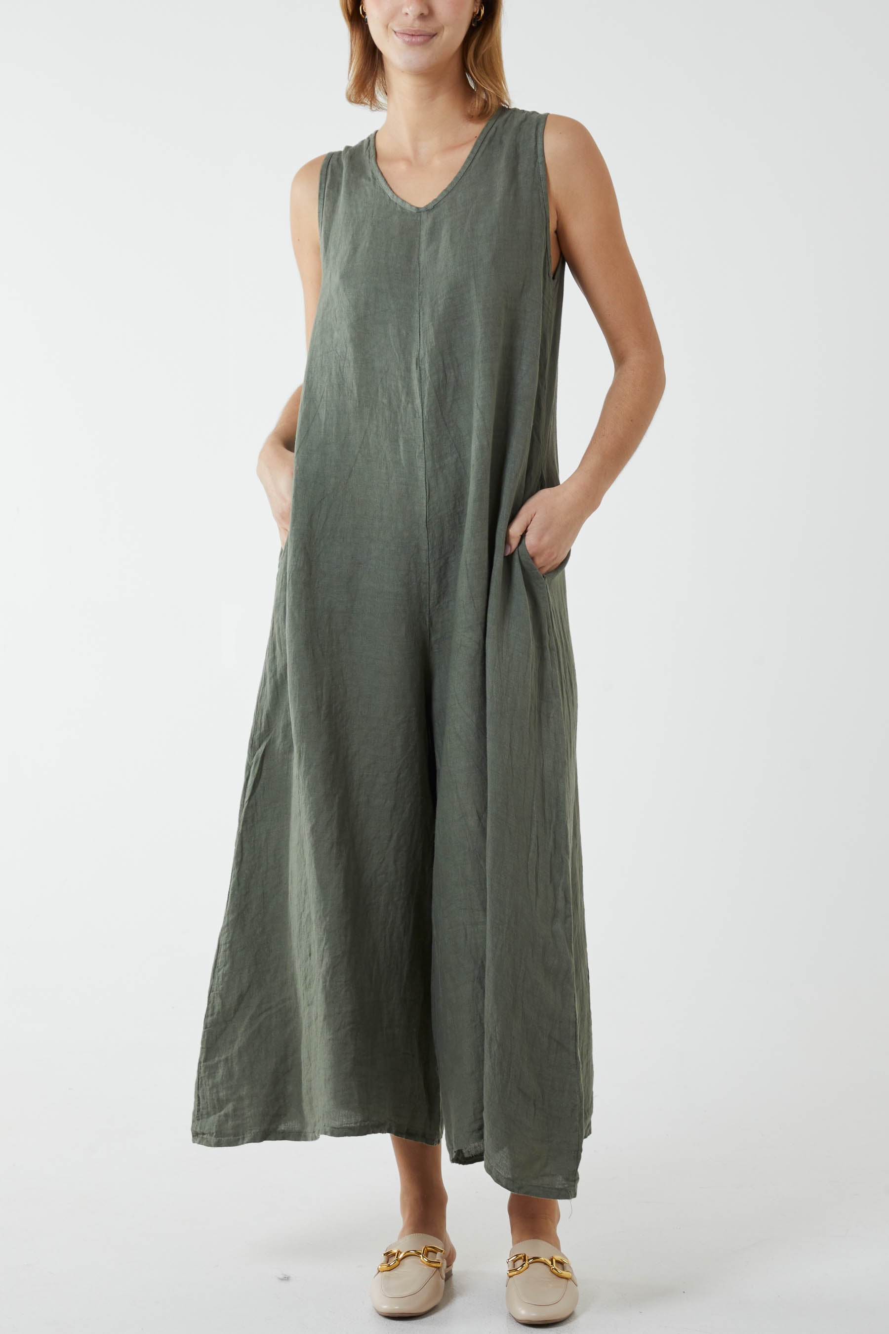 Linen Sleeveless Jumpsuit Jumpsuit WearAll Khaki One Size