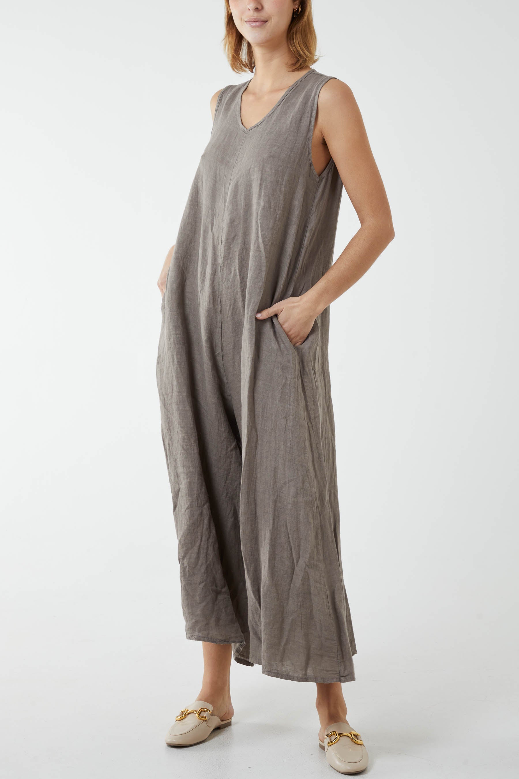 Linen Sleeveless Jumpsuit Jumpsuit WearAll Taupe One Size