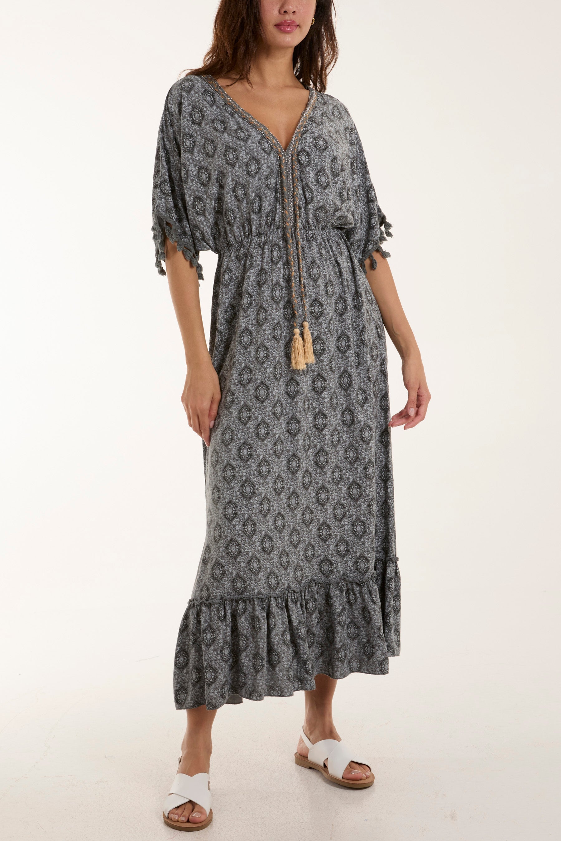 Baroque Floral Tassel Dress Dresses WearAll Charcoal One Size