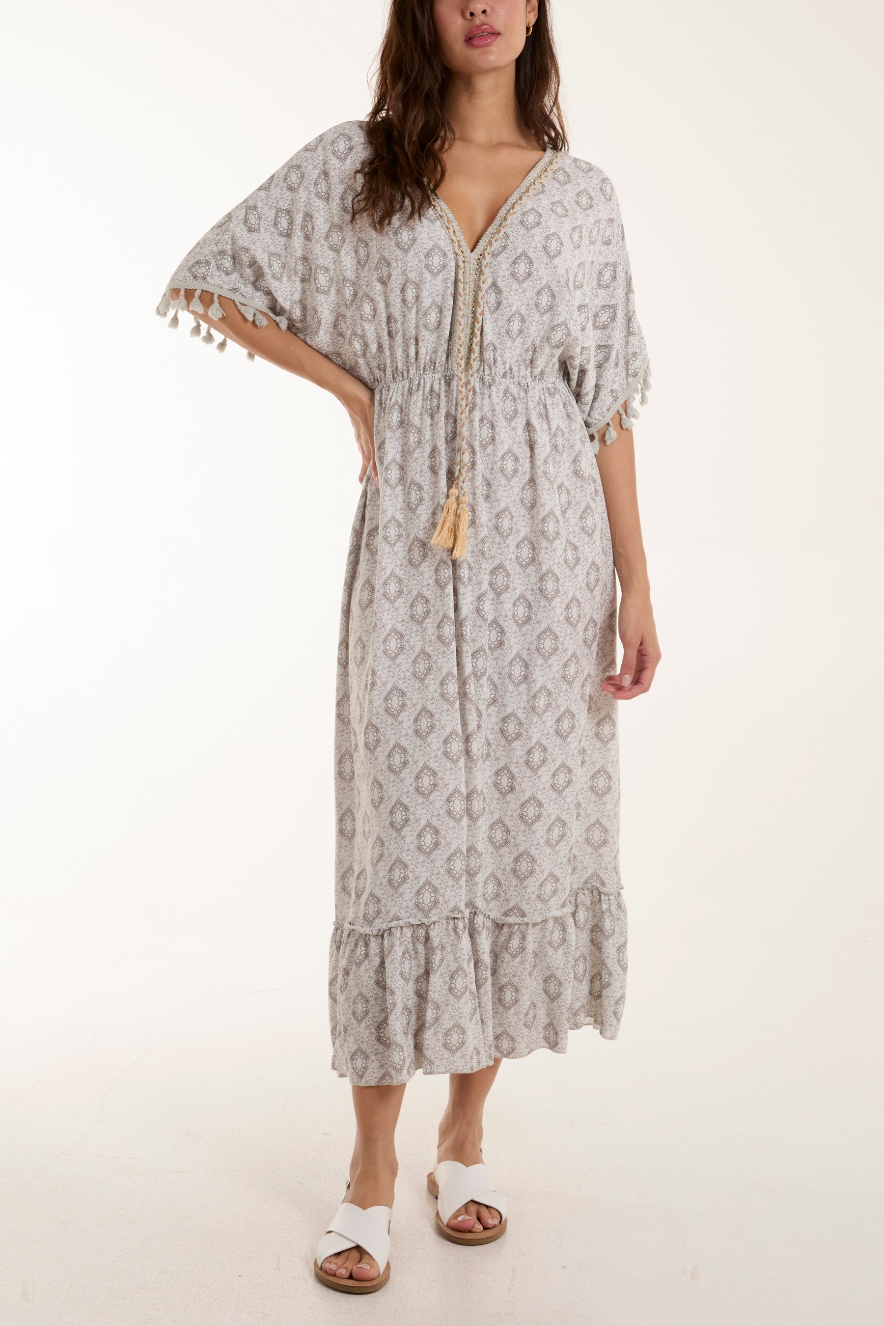 Baroque Floral Tassel Dress Dresses WearAll Grey One Size