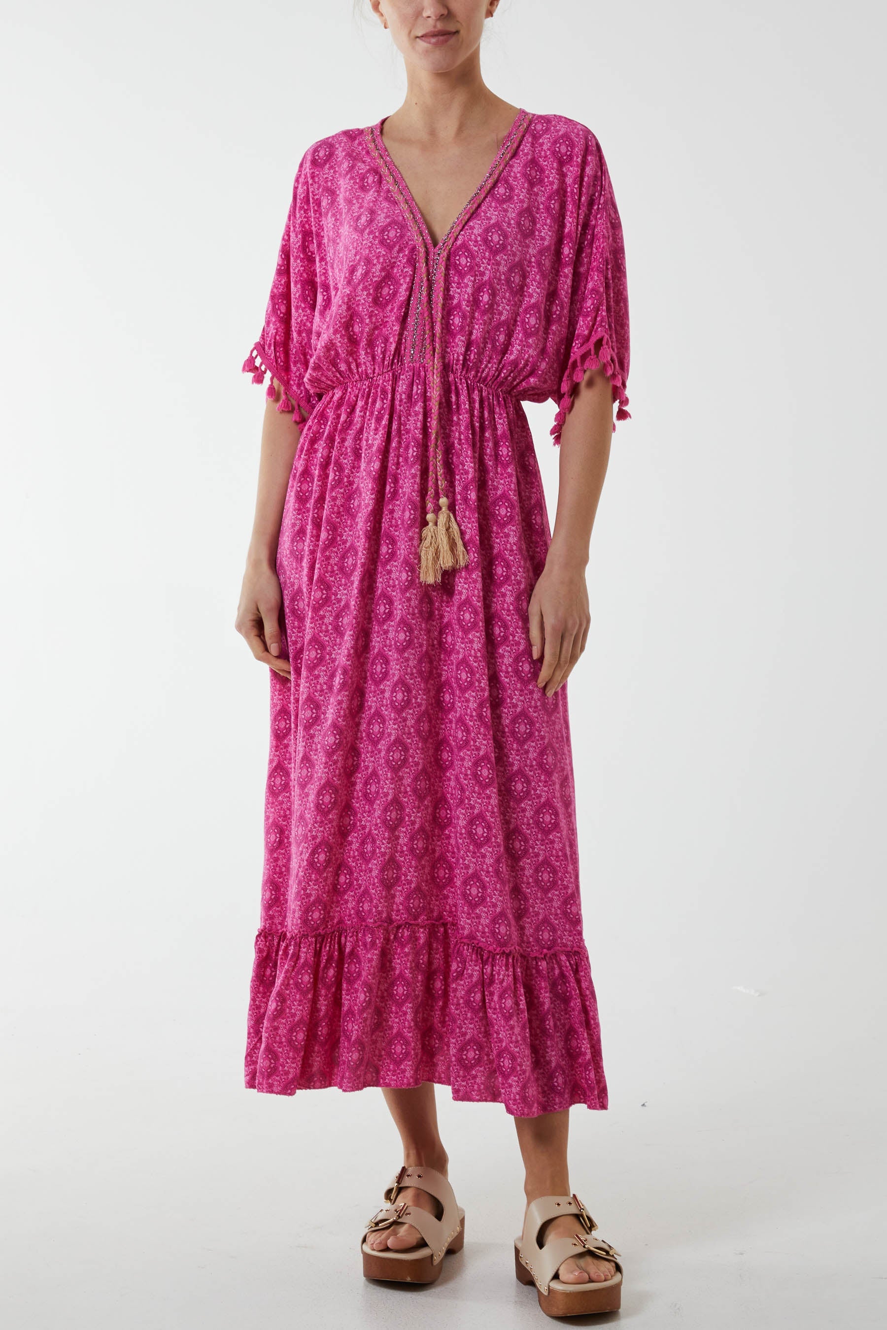 Baroque Floral Tassel Dress Dresses WearAll Fuchsia One Size