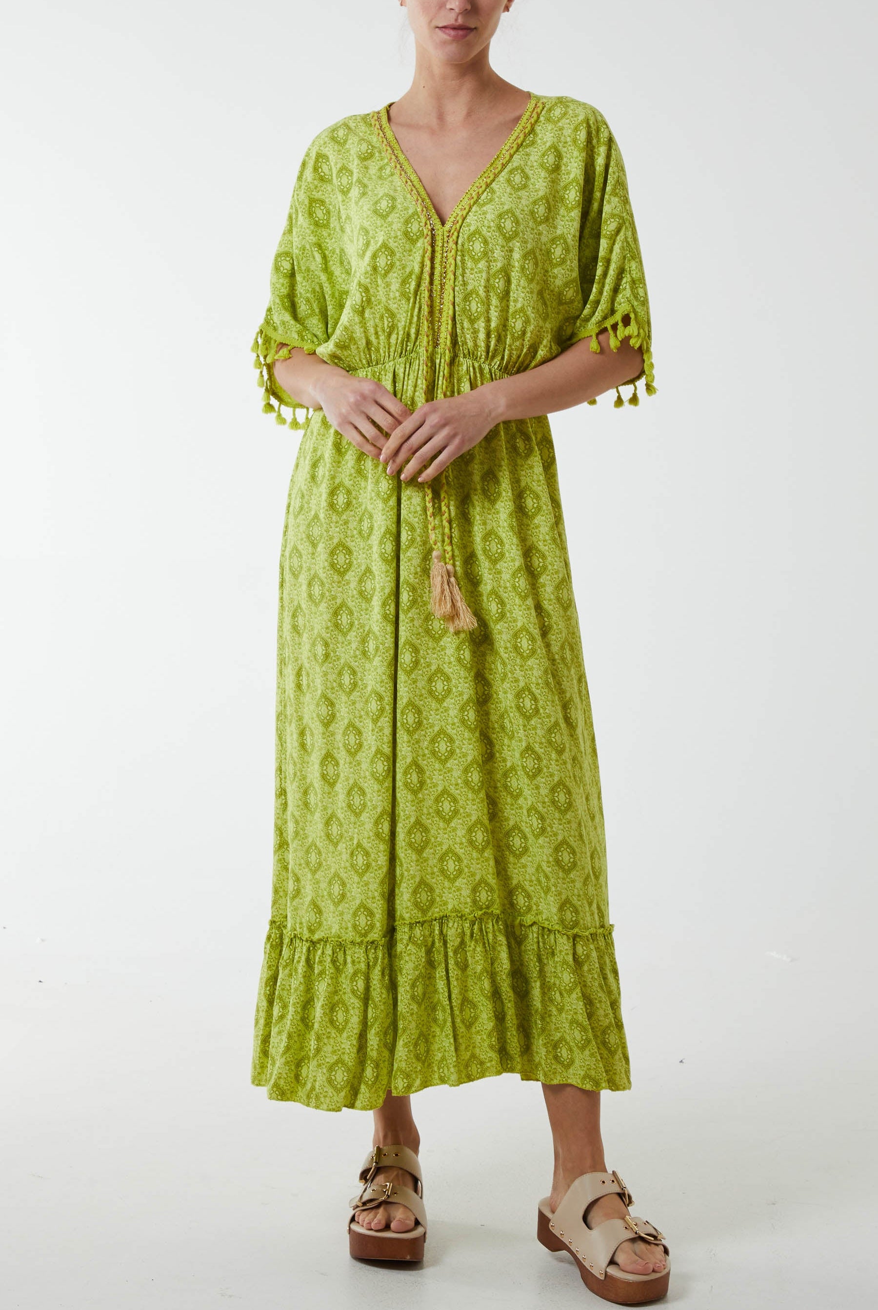 Baroque Floral Tassel Dress Dresses WearAll Lime One Size