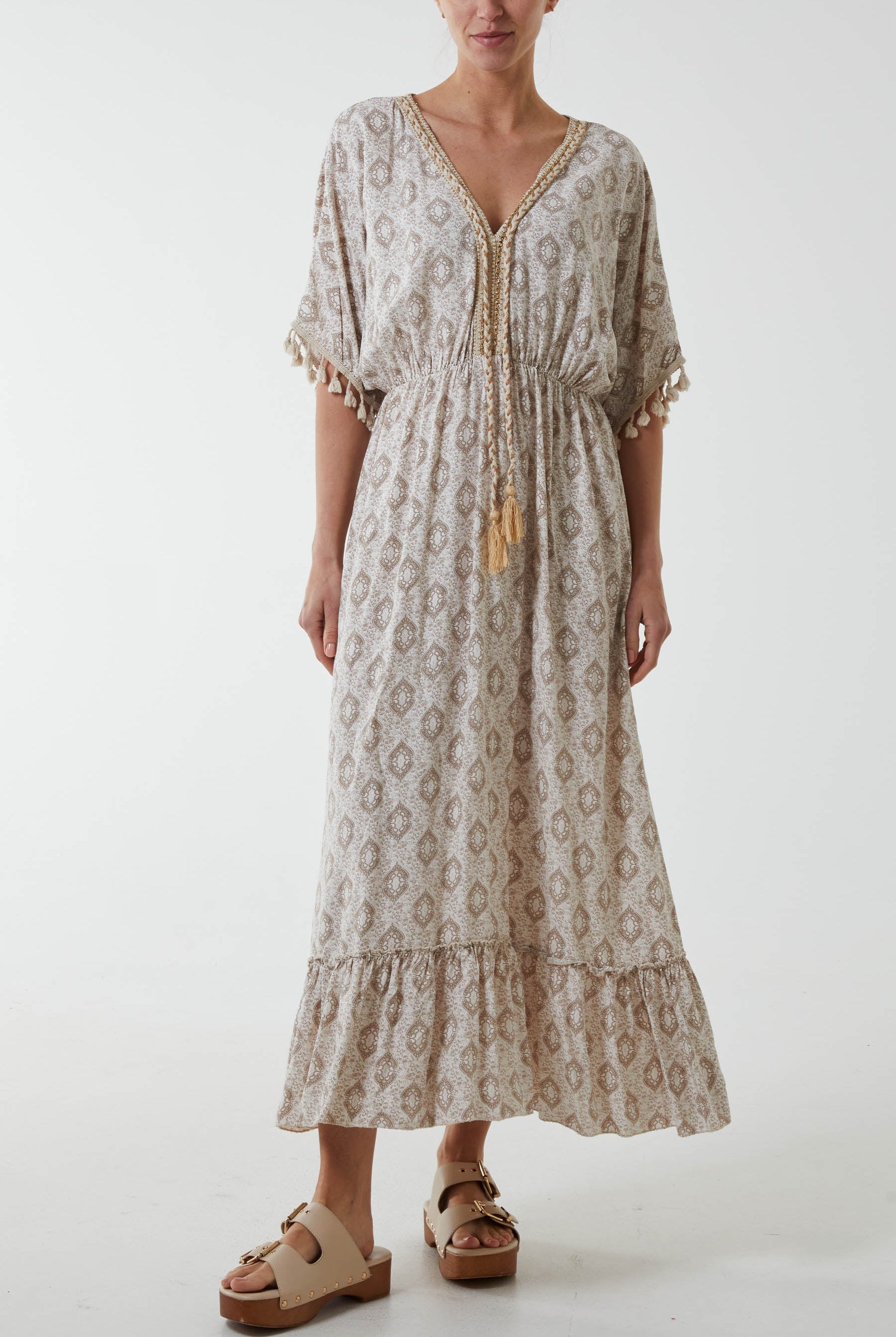 Baroque Floral Tassel Dress Dresses WearAll Stone One Size