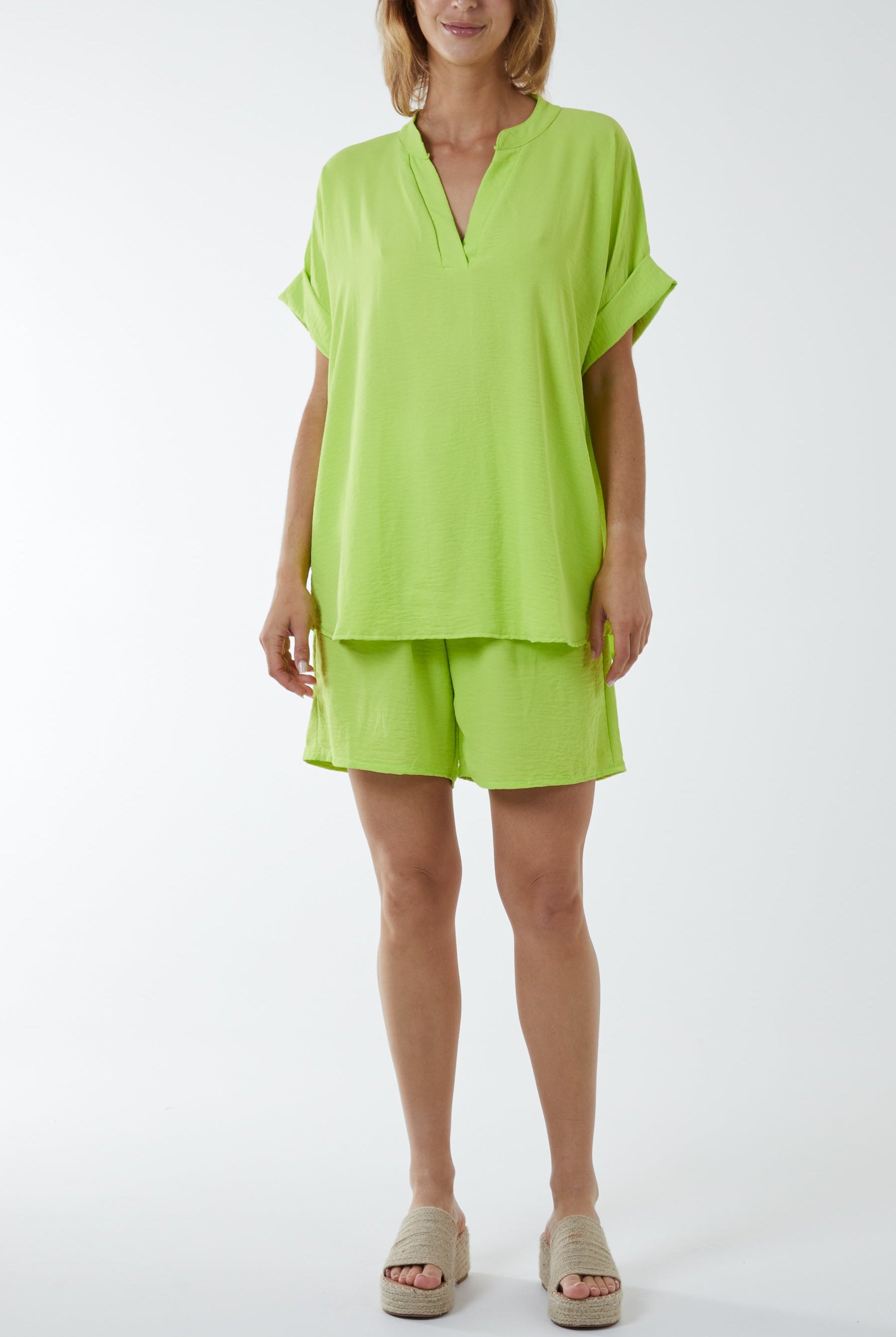 V-Neck Top and Shorts Co-Ord Set Co-Ords WearAll Lime One Size