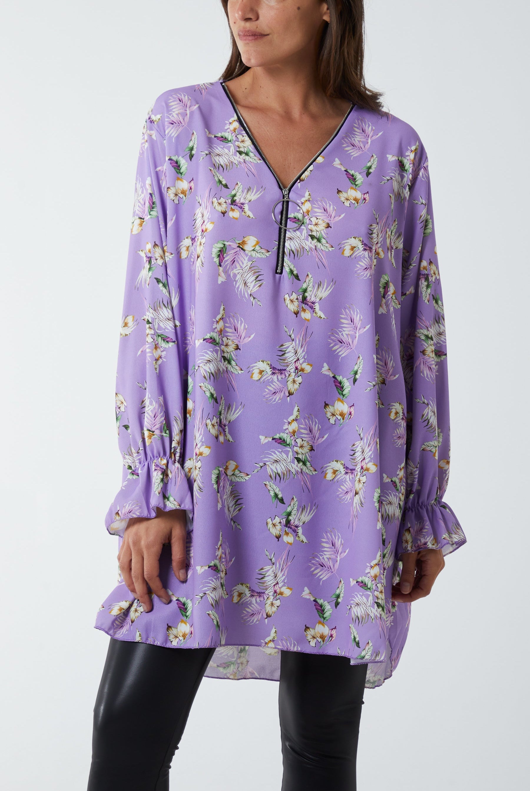 Floral Zip Neck Tunic Dress DMF2 WearAll Lilac One Size