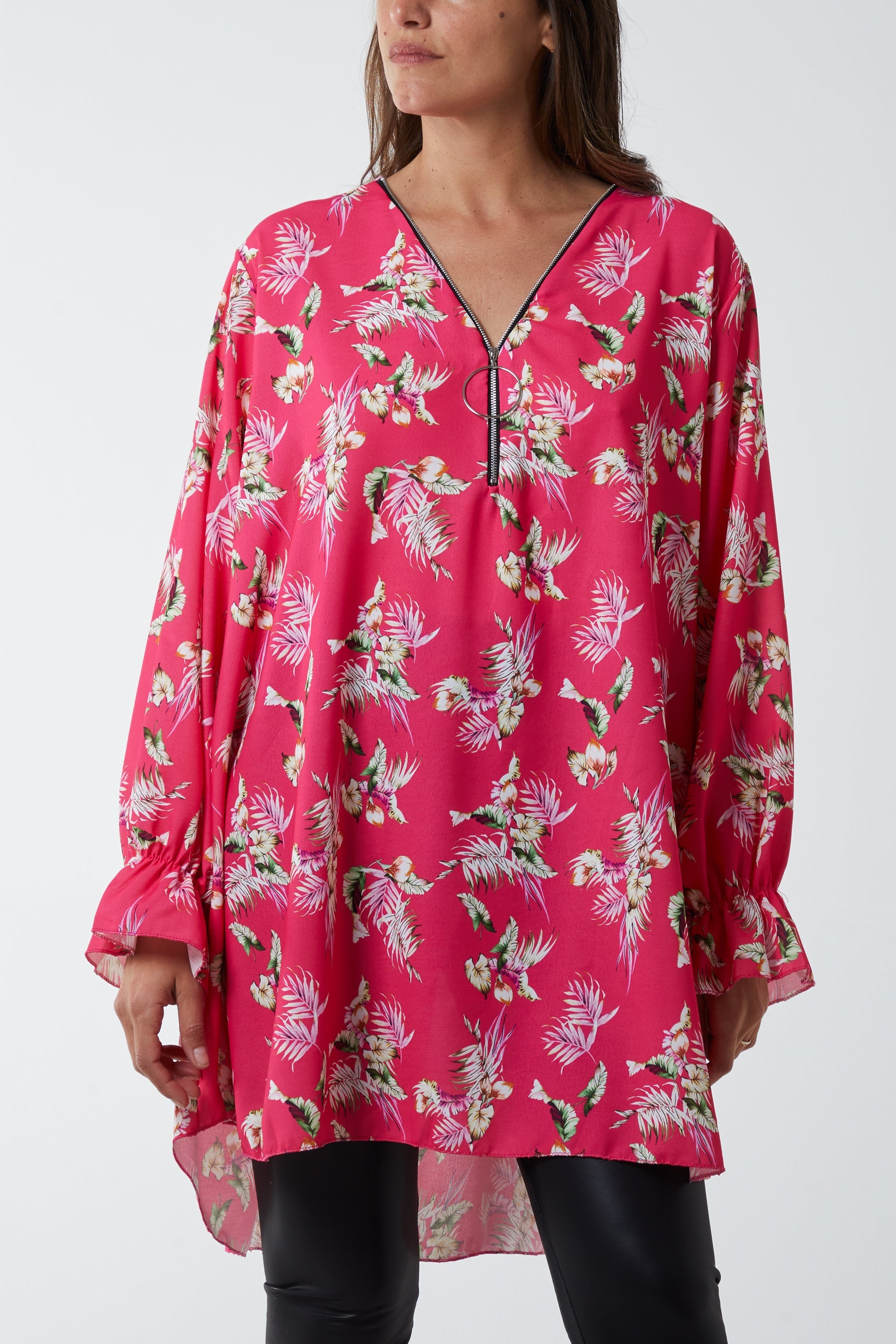Floral Zip Neck Tunic Dress DMF2 WearAll Hot Pink One Size