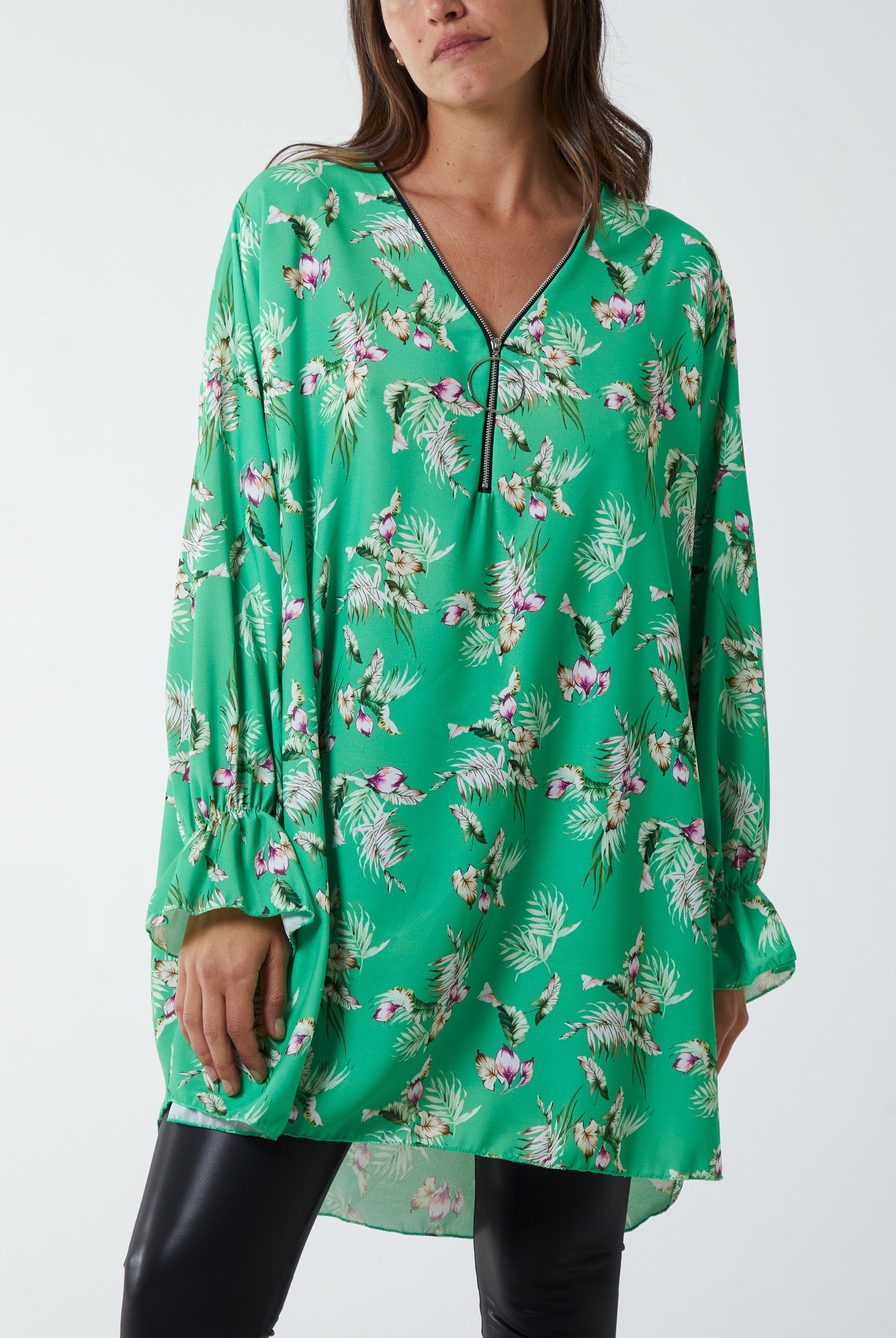 Floral Zip Neck Tunic Dress DMF2 WearAll Apple Green One Size