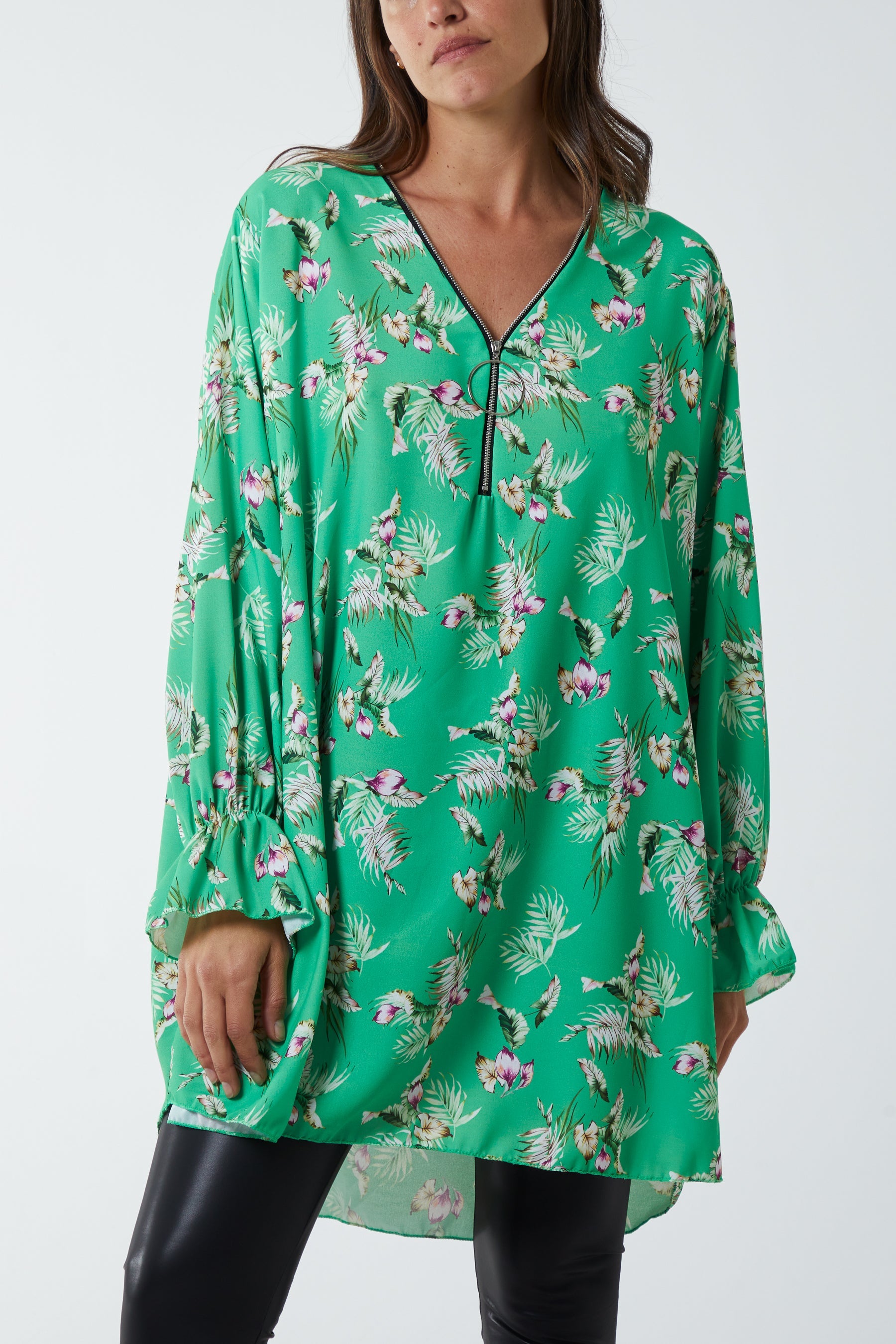 Floral Zip Neck Tunic Dress DMF2 WearAll Apple Green One Size