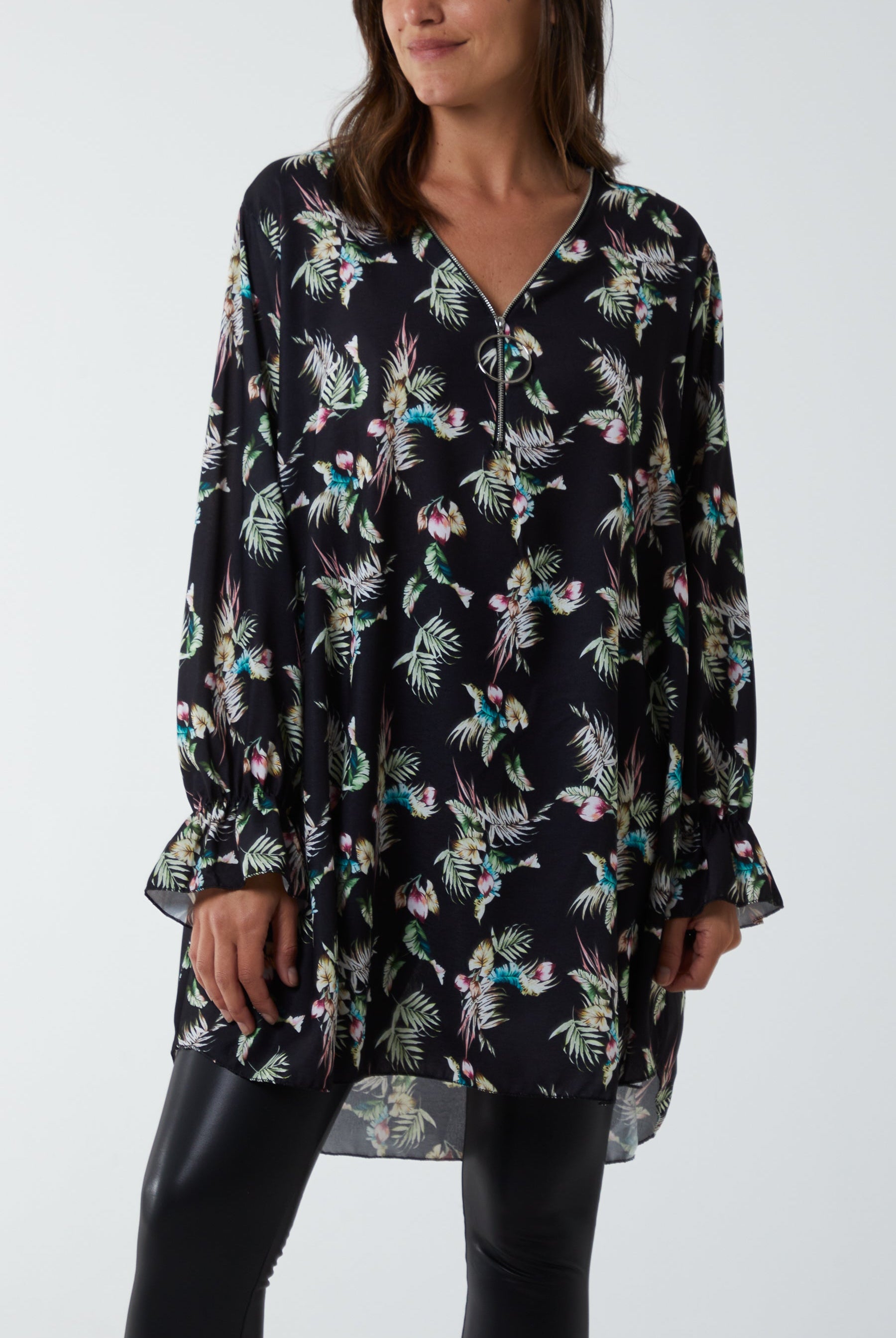 Floral Zip Neck Tunic Dress DMF2 WearAll Black One Size