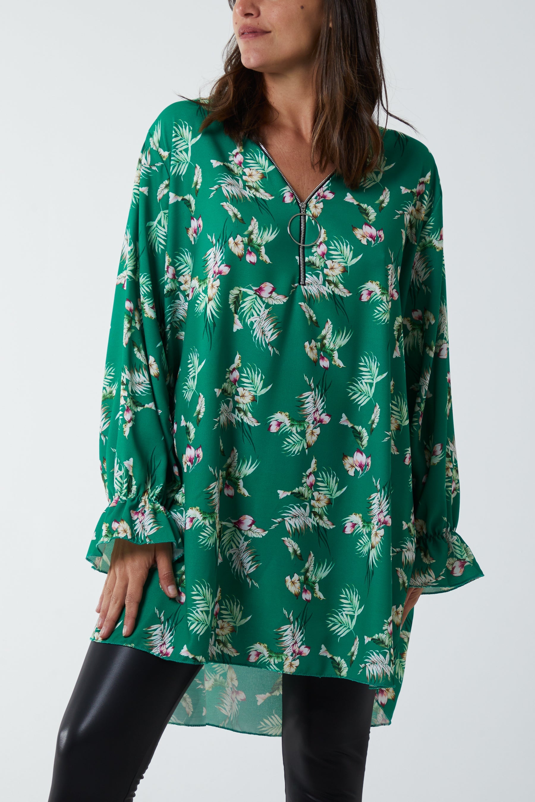 Floral Zip Neck Tunic Dress DMF2 WearAll Jade One Size
