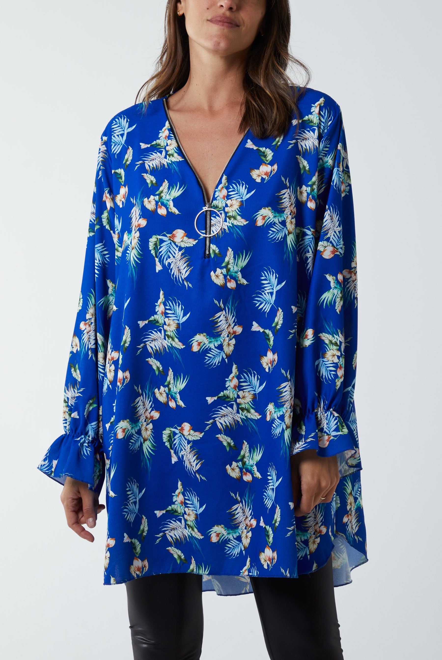 Floral Zip Neck Tunic Dress DMF2 WearAll Royal Blue One Size