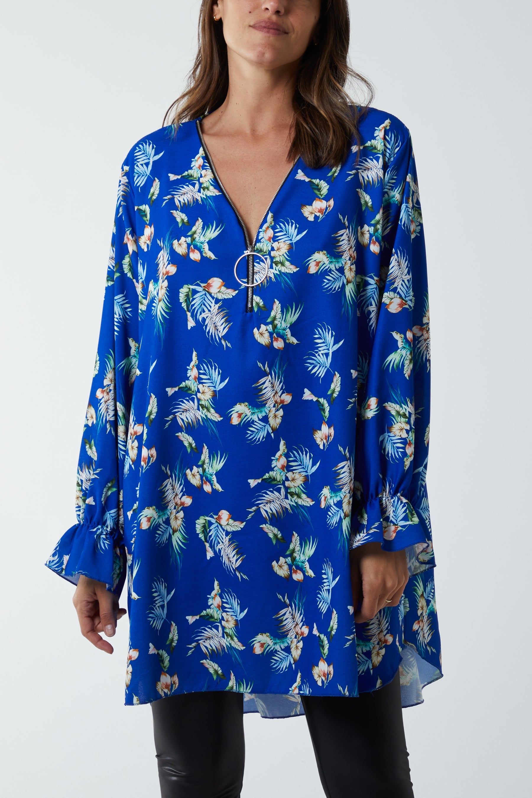 Floral Zip Neck Tunic Dress DMF2 WearAll Royal Blue One Size