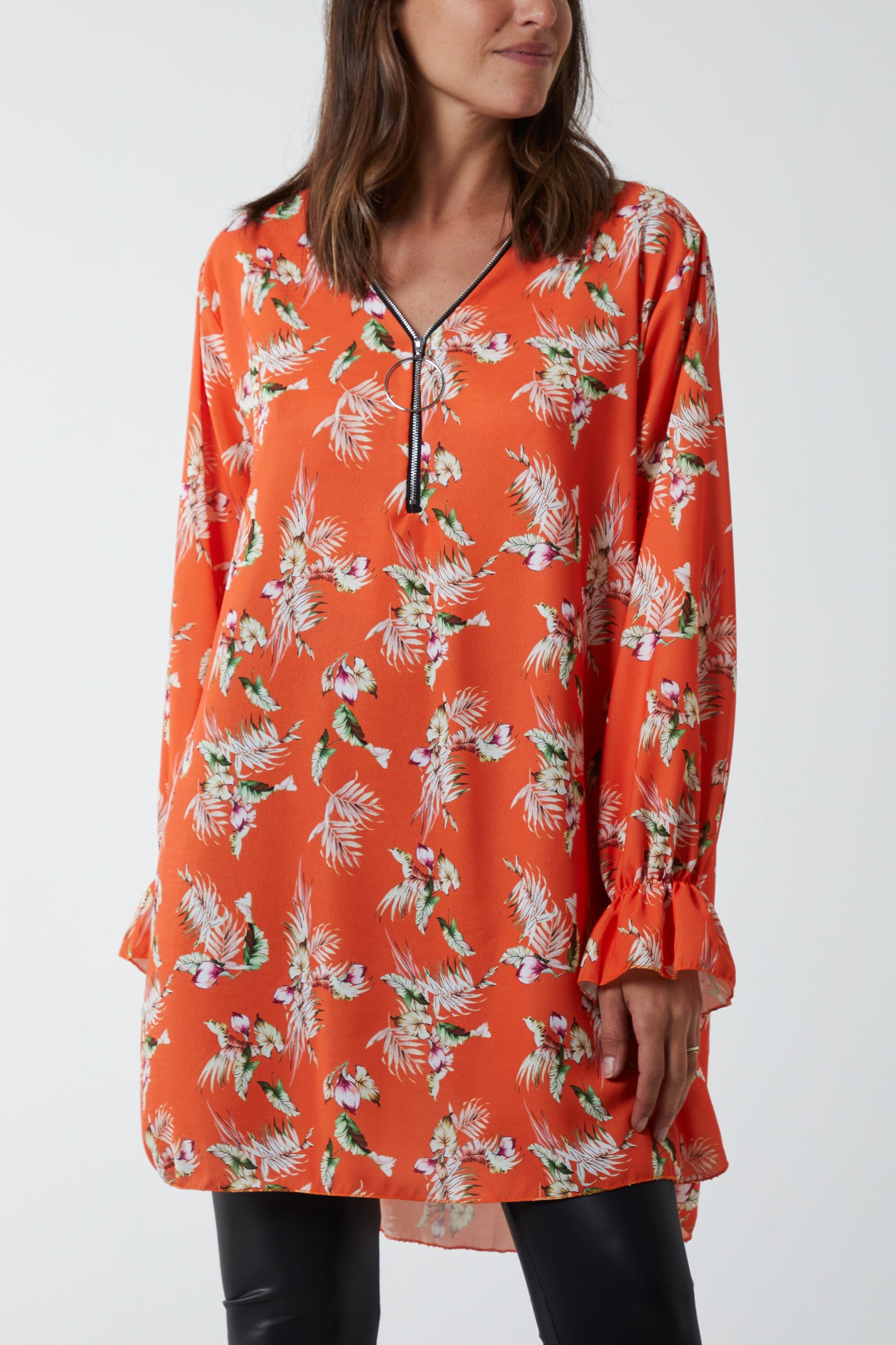 Floral Zip Neck Tunic Dress DMF2 WearAll Orange One Size