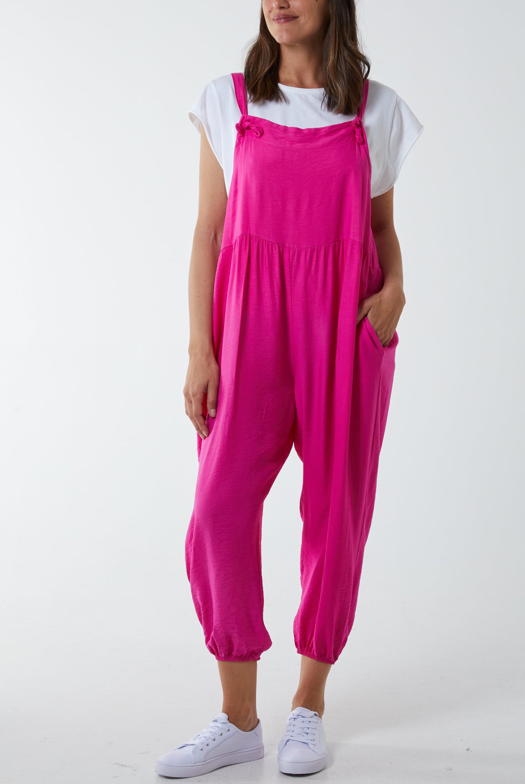 Pocket Crepe Satin Dungarees Dungarees WearAll Fuchsia One Size