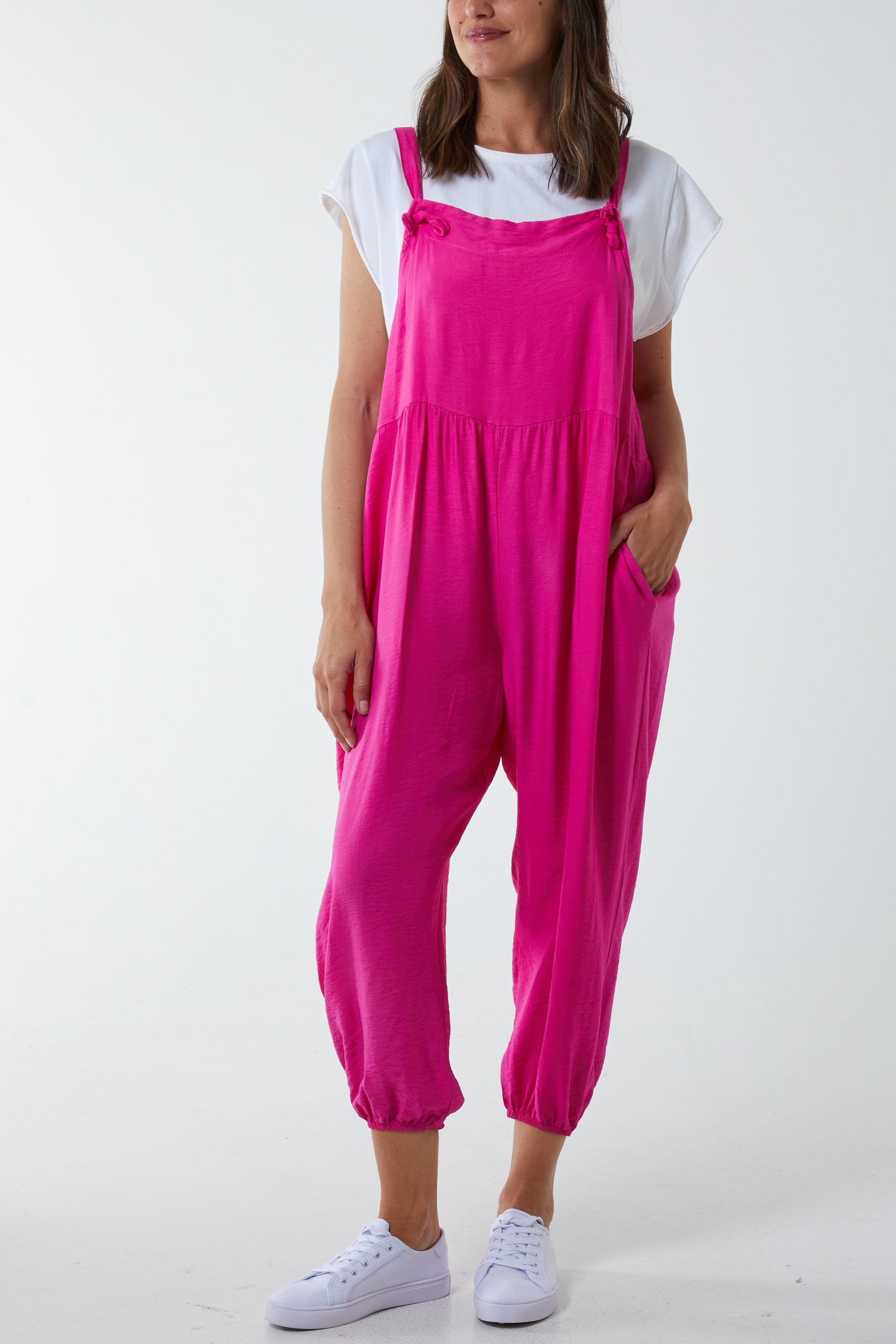 Pocket Crepe Satin Dungarees Dungarees WearAll Fuchsia One Size