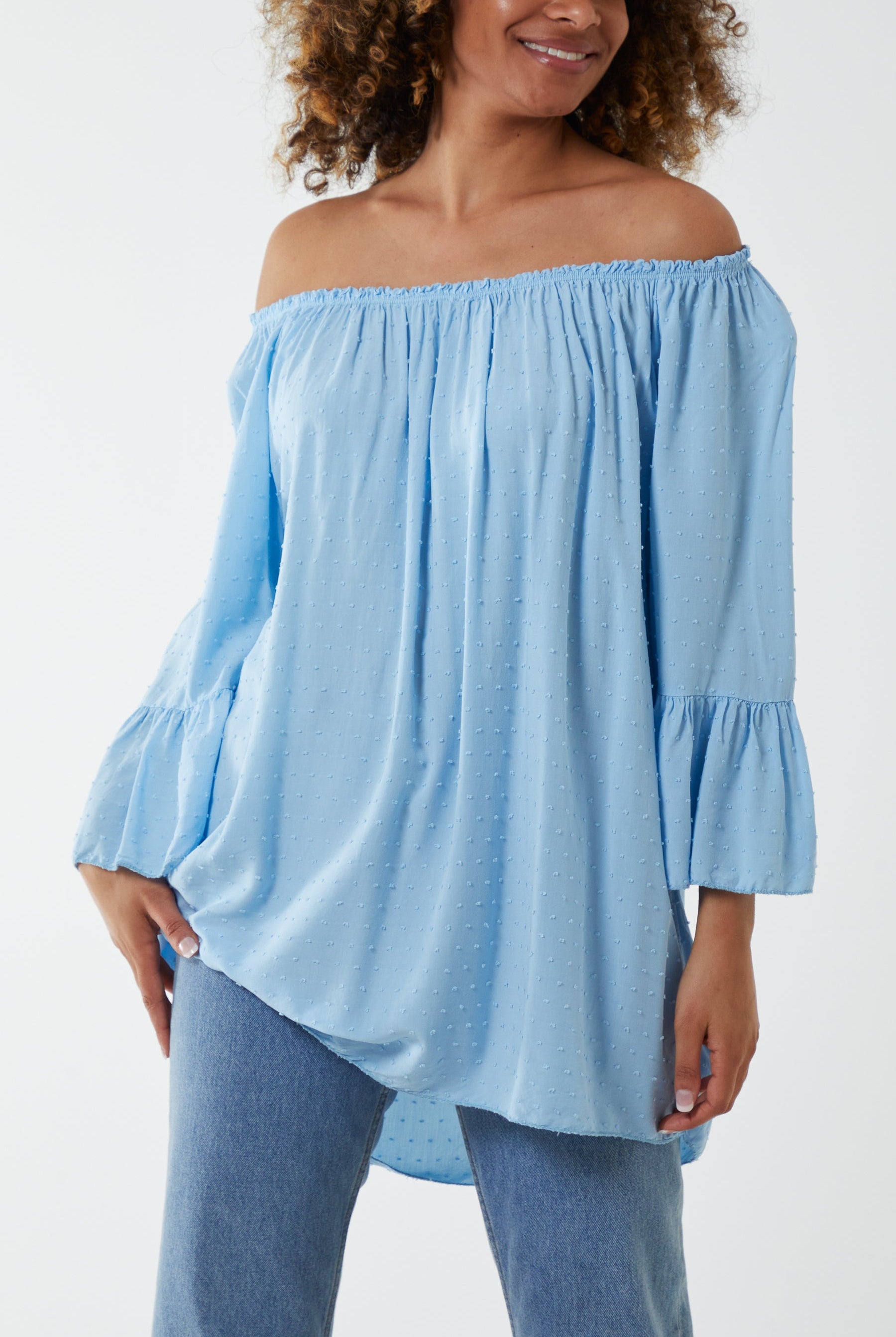 Dobby Fabric Bardot Blouse Blouses WearAll Light Blue One Sizesize