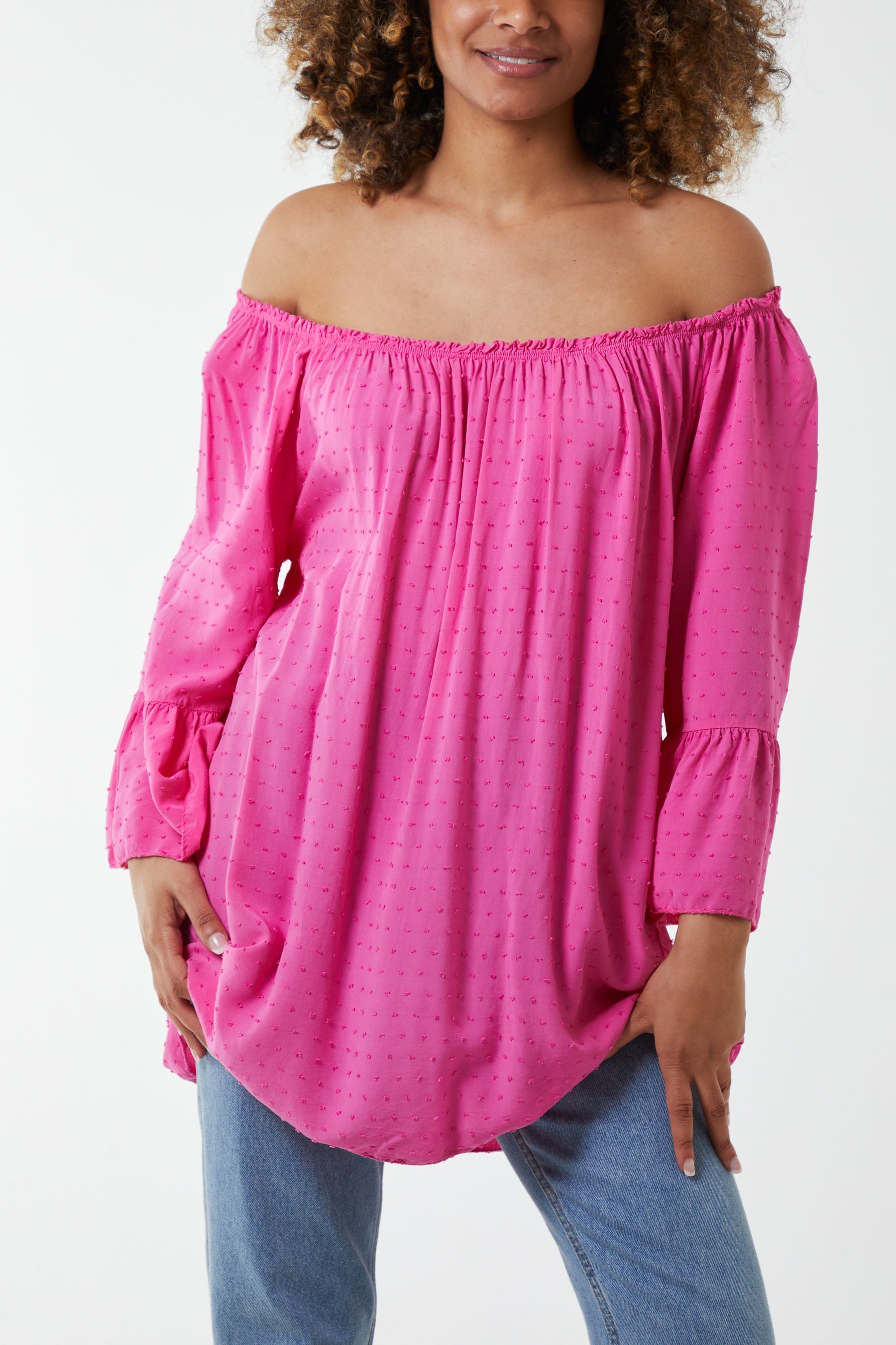 Dobby Fabric Bardot Blouse Blouses WearAll Bubblegum Pink One Sizesize