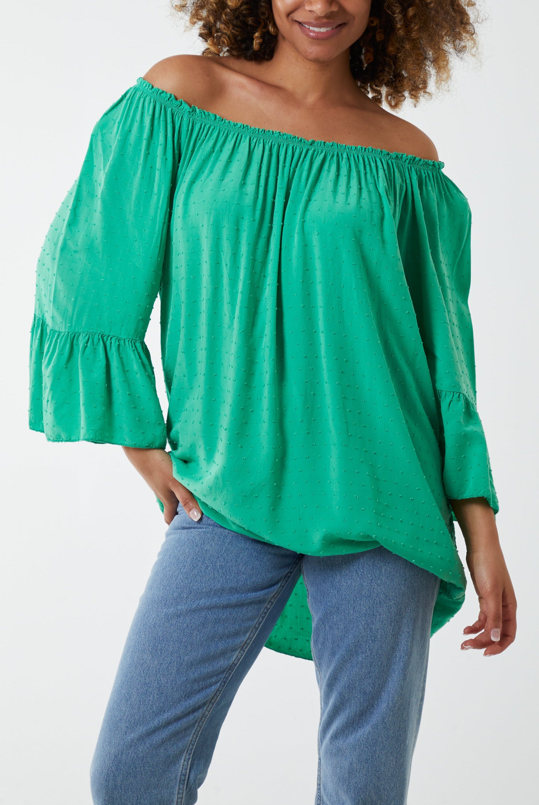 Dobby Fabric Bardot Blouse Blouses WearAll Jade One Sizesize