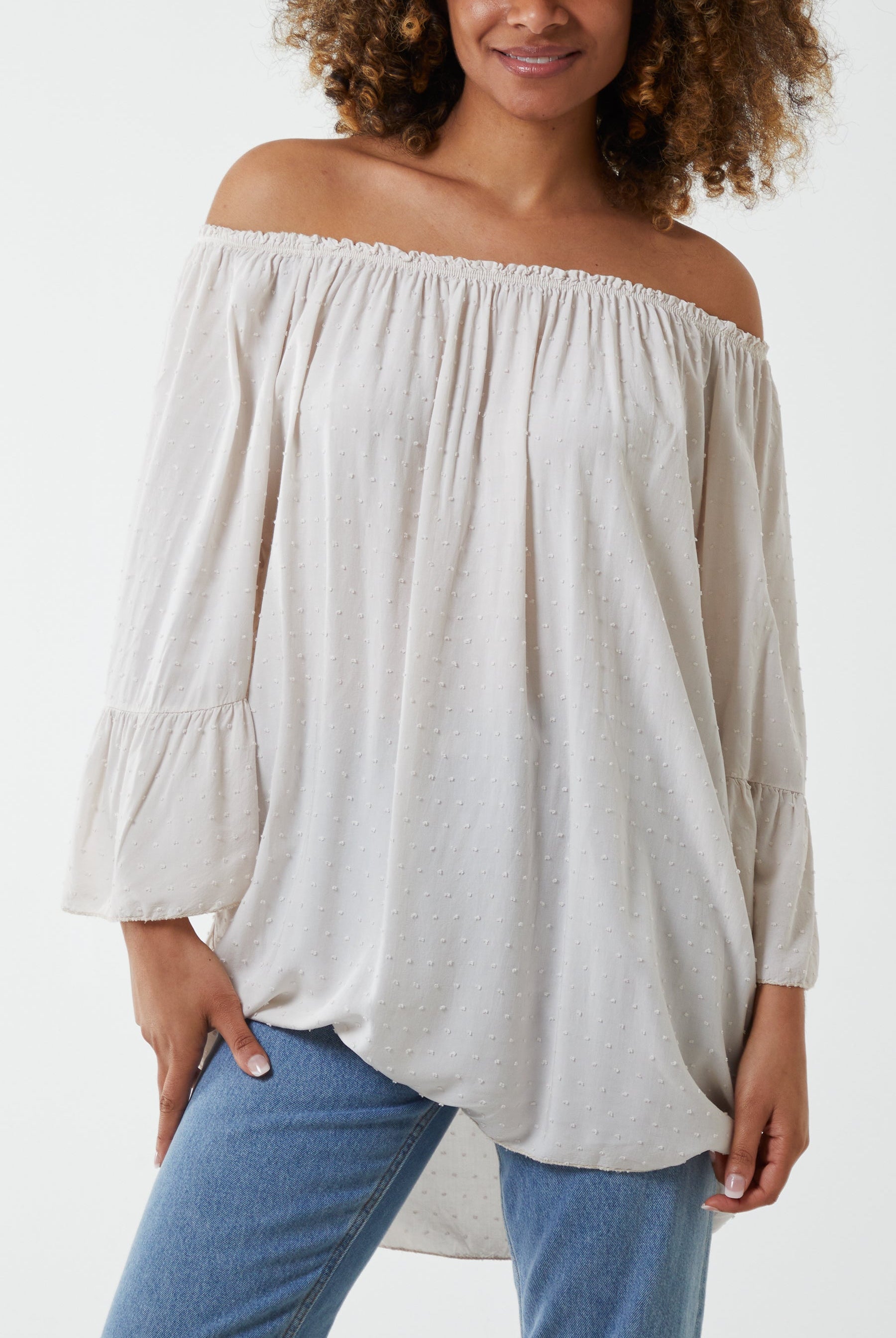 Dobby Fabric Bardot Blouse Blouses WearAll Stone One Sizesize