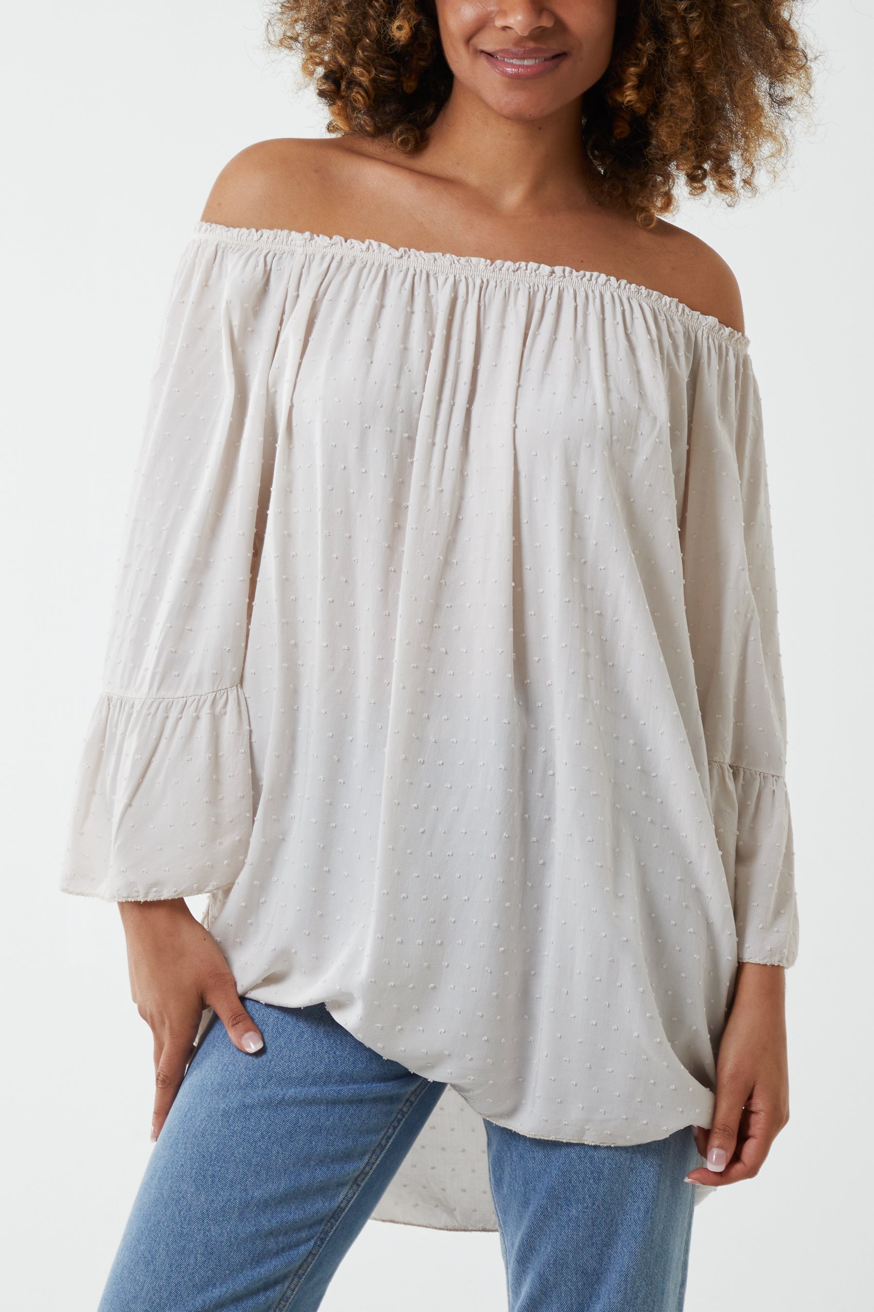 Dobby Fabric Bardot Blouse Blouses WearAll Stone One Sizesize