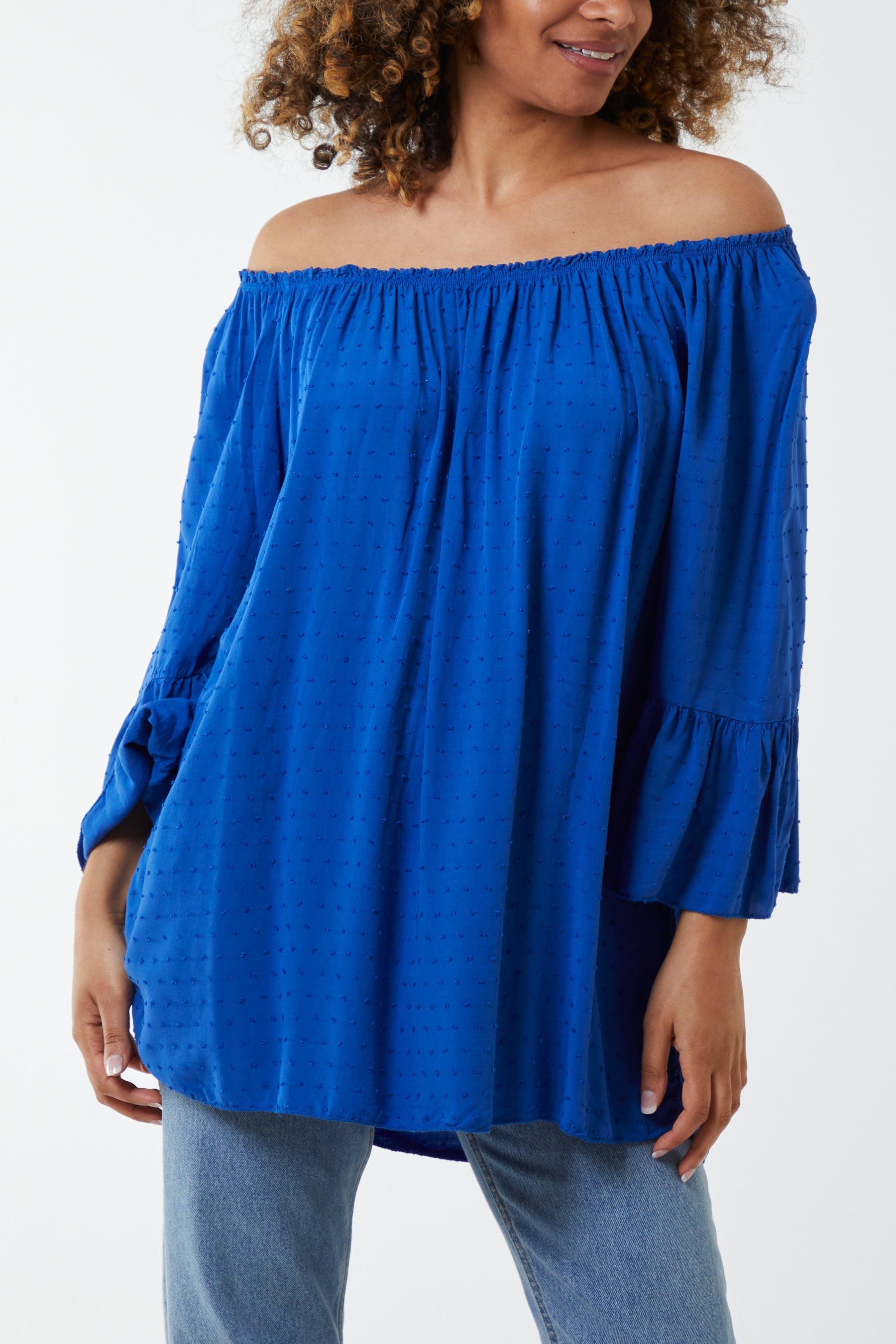 Dobby Fabric Bardot Blouse Blouses WearAll Royal Blue One Sizesize