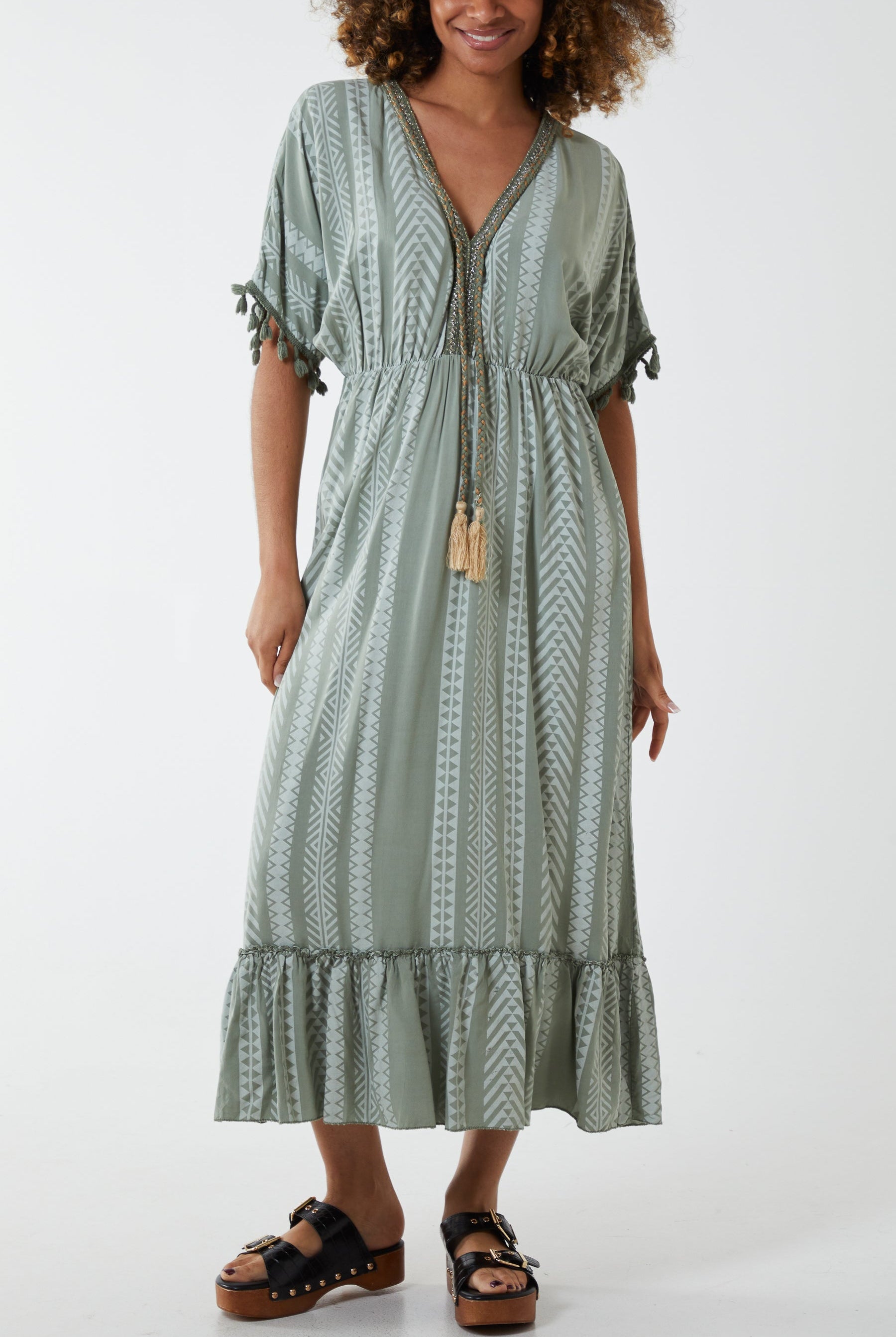 Aztec Print Tassel Midi Dress Dresses WearAll Khaki One Size