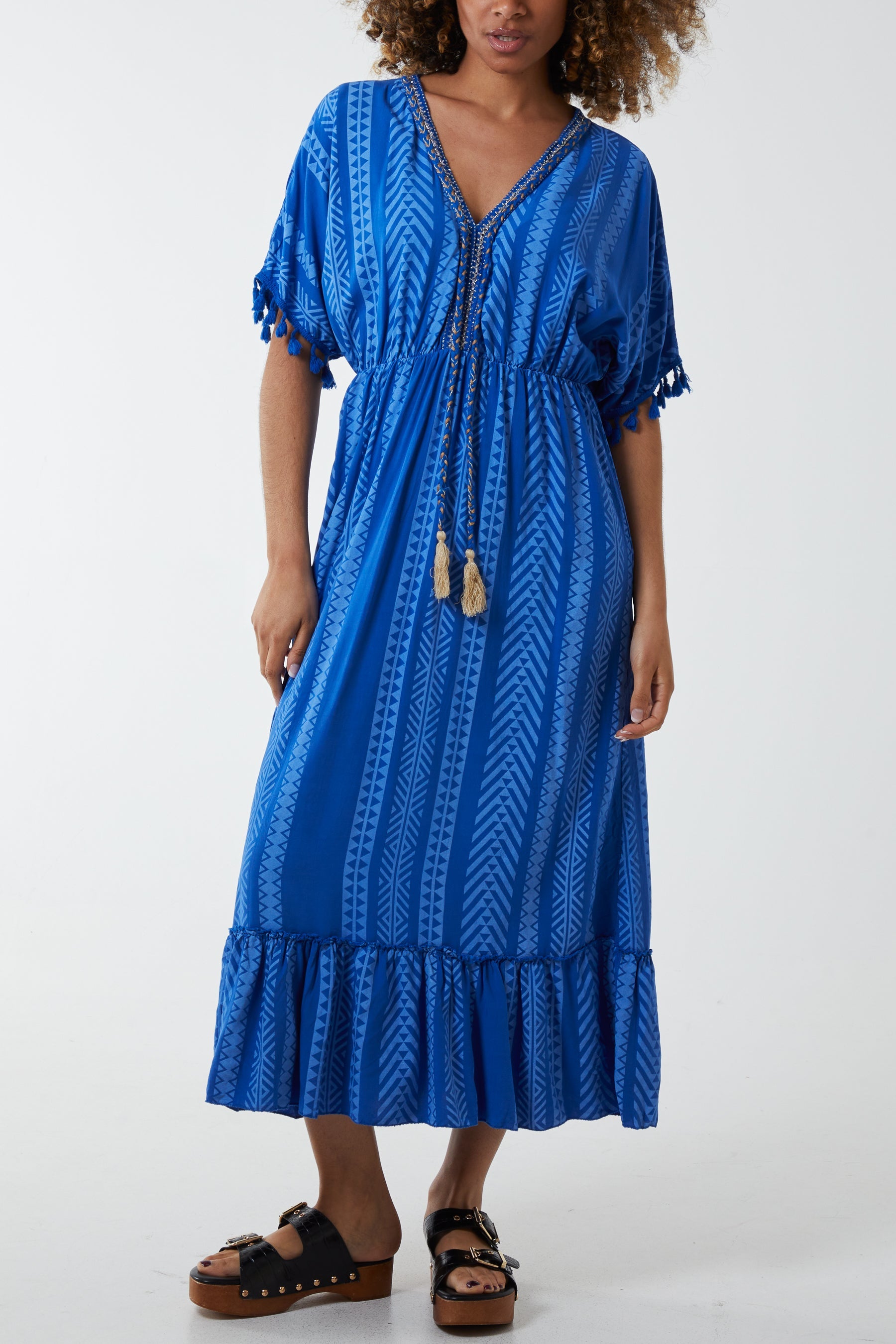 Aztec Print Tassel Midi Dress Dresses WearAll Royal Blue One Size