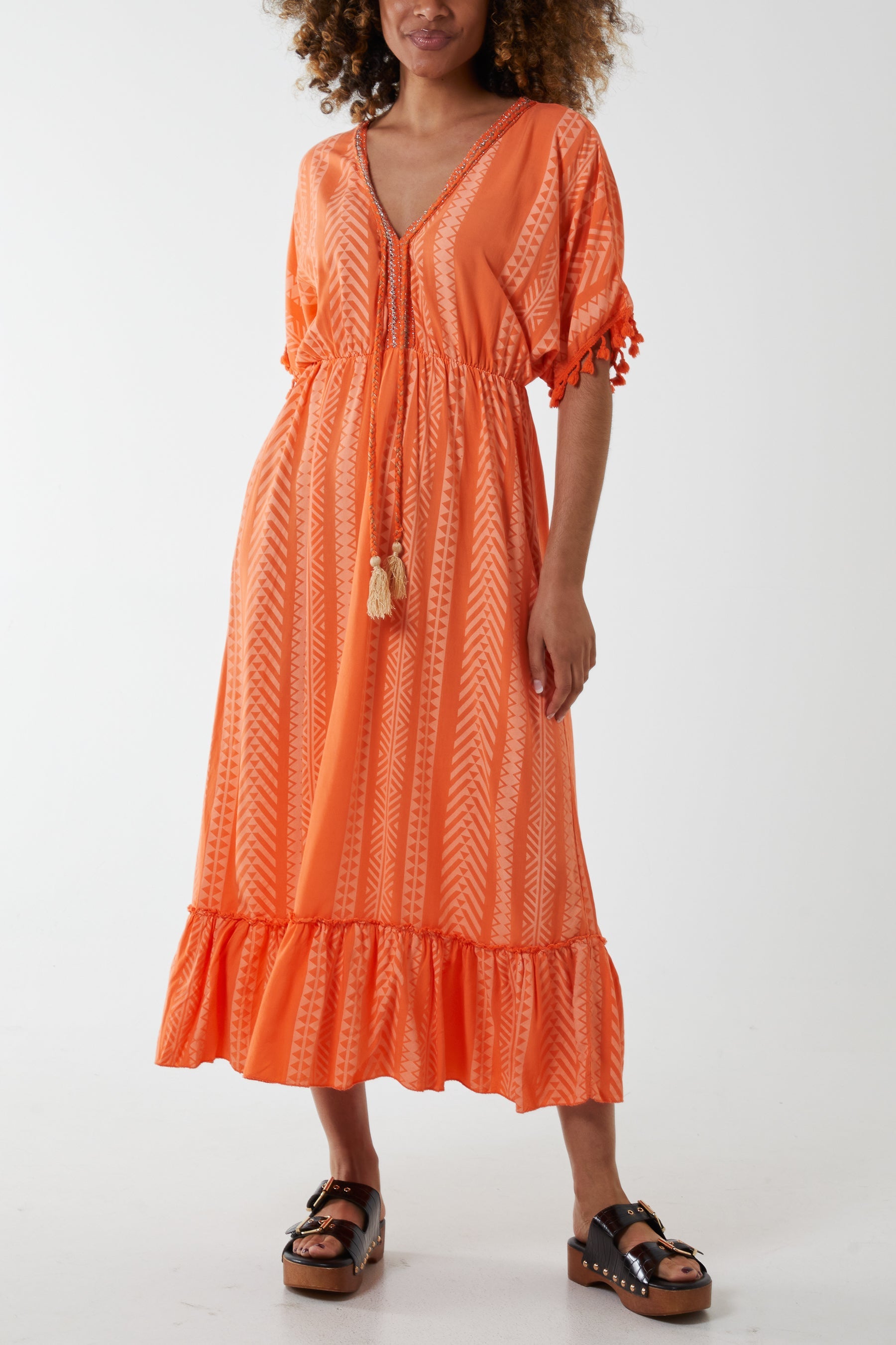 Aztec Print Tassel Midi Dress Dresses WearAll Orange One Size