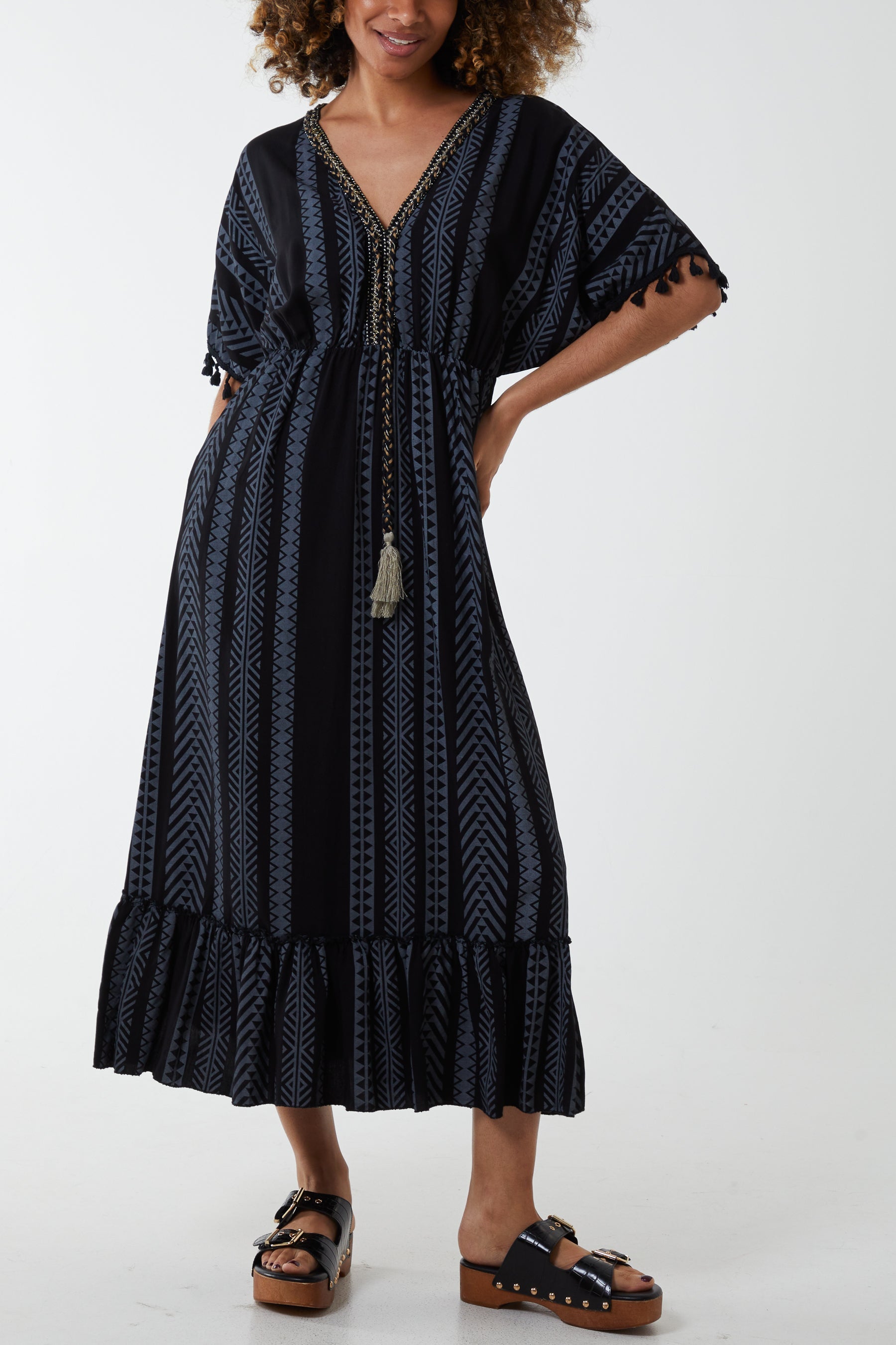 Aztec Print Tassel Midi Dress Dresses WearAll Black One Size