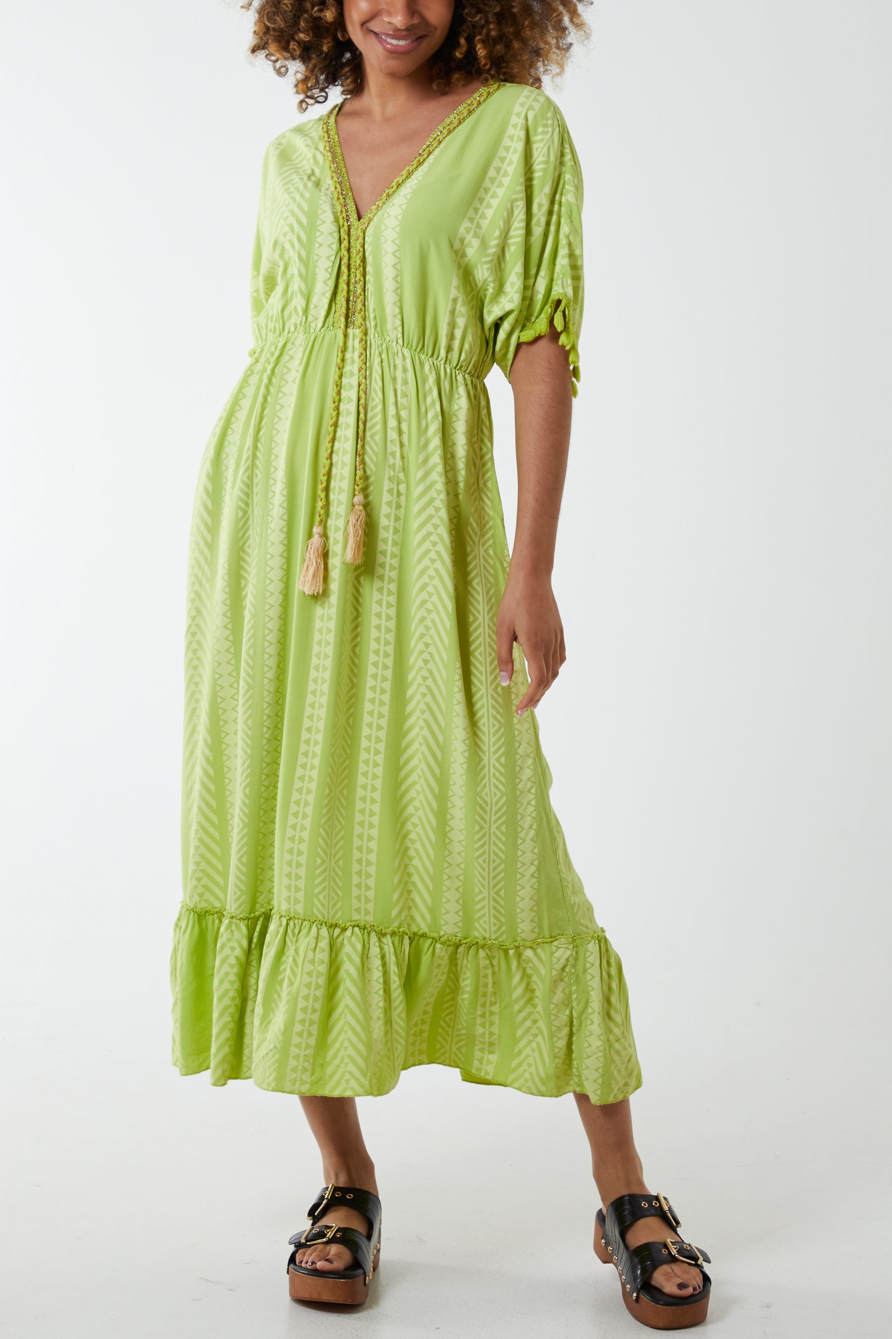 Aztec Print Tassel Midi Dress Dresses WearAll Lime One Size