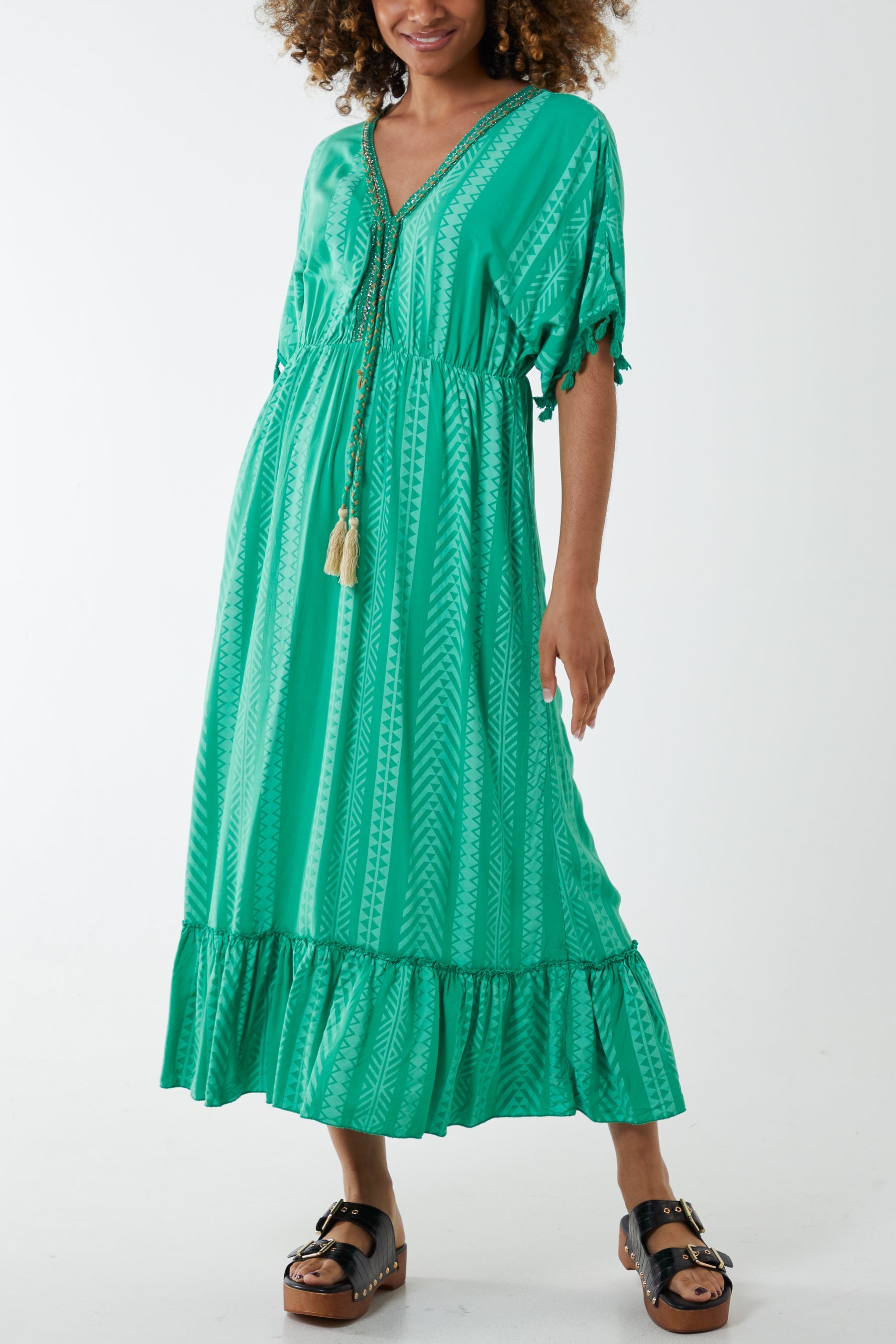 Aztec Print Tassel Midi Dress Dresses WearAll Jade One Size